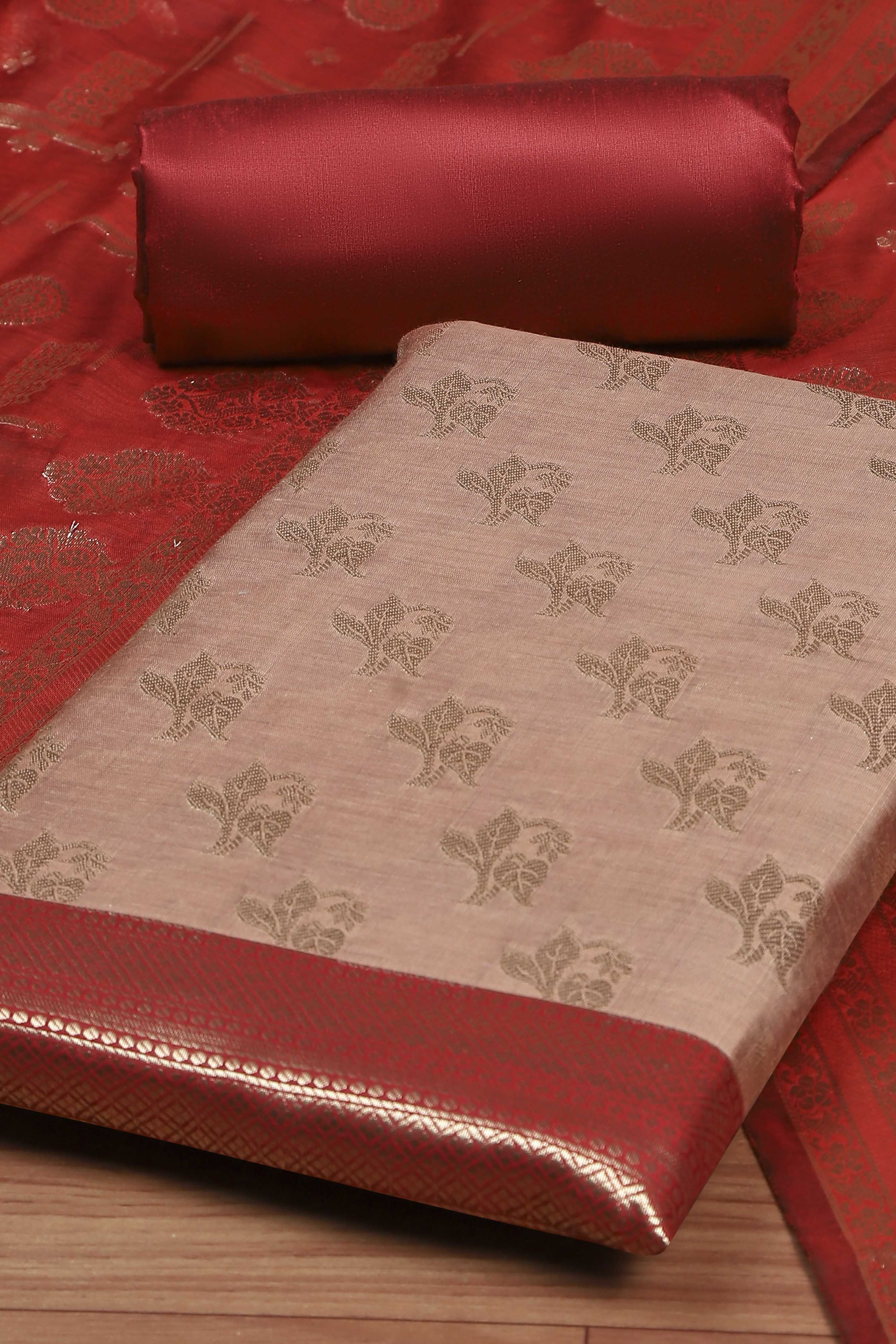 Peach Cotton Printed Embroidered Unstitched Suit Set image number 1