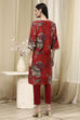 Coral Red Floral Printed Straight Kurta image number 3