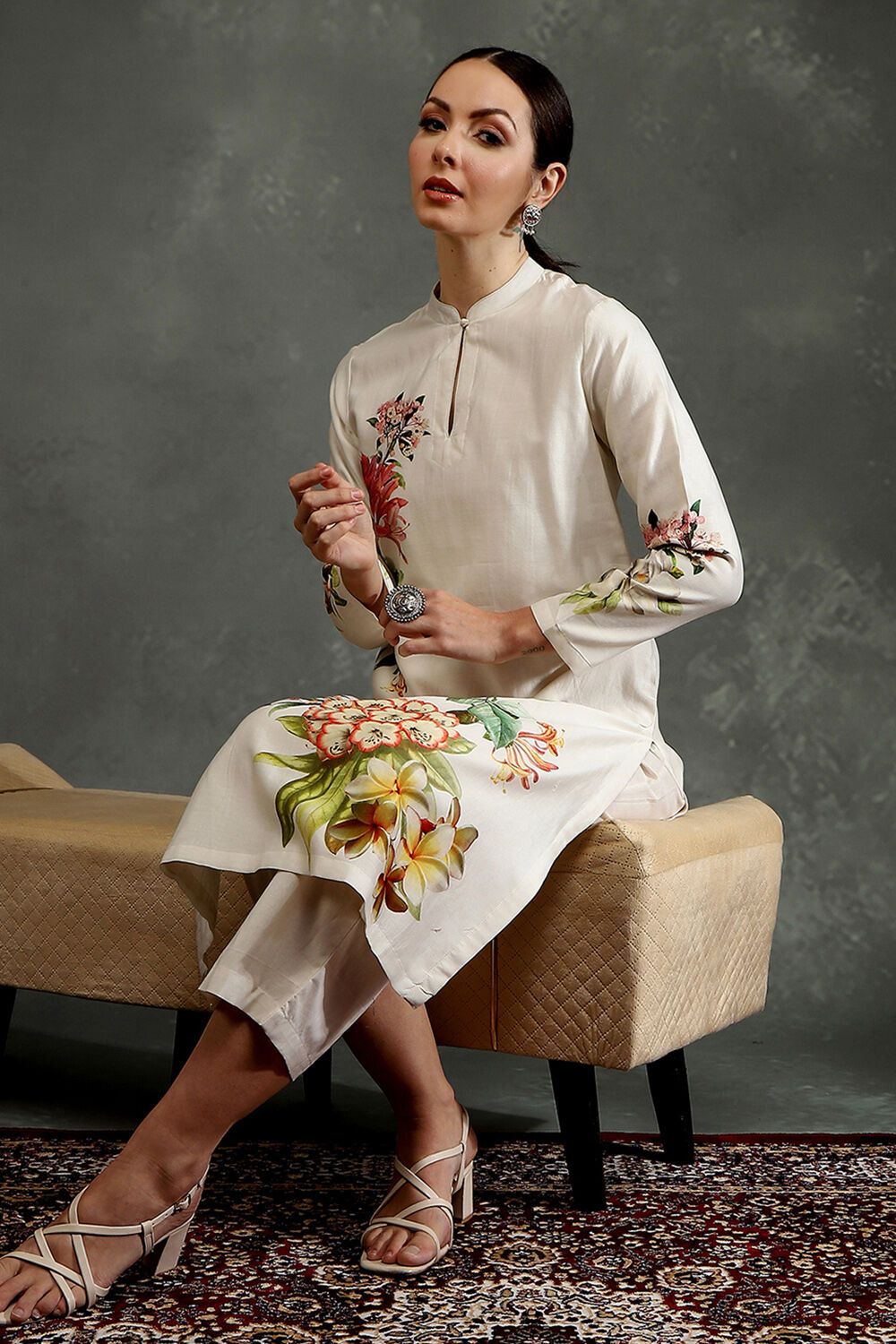 Ivory Silk Chanderi Floral Printed Straight Kurta Set image number 0