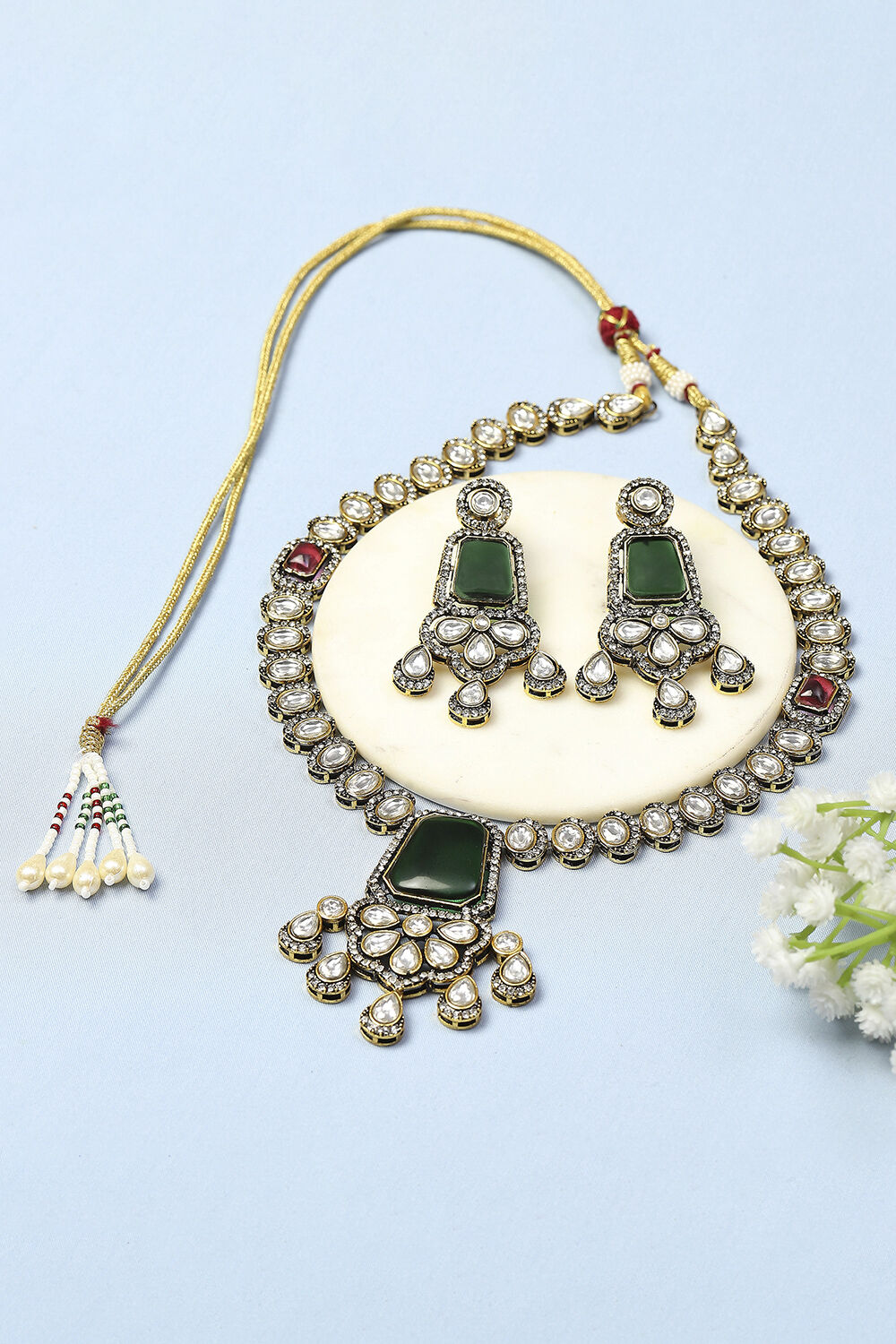 Green Pink Stone Necklace Set image number 0