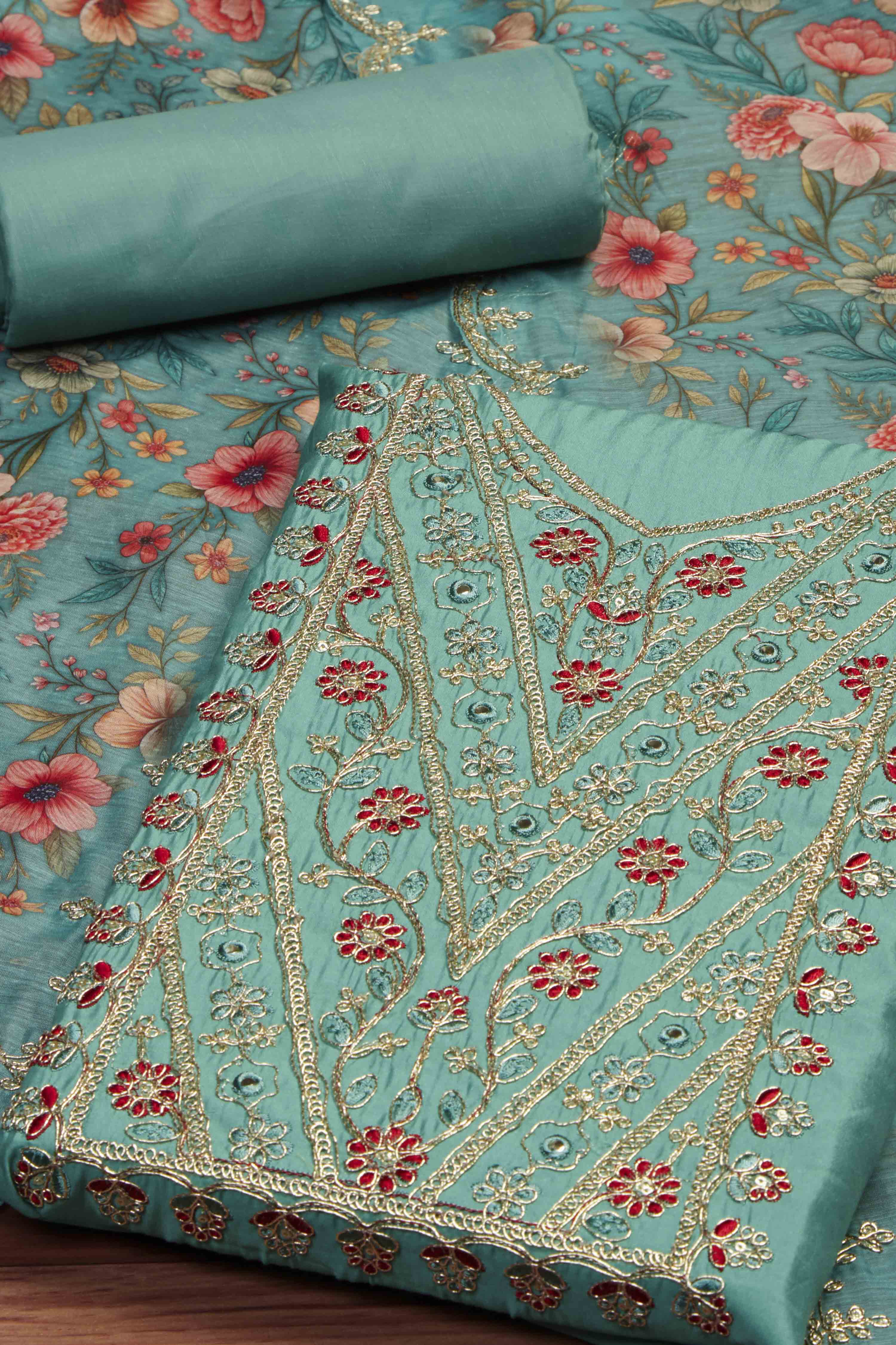 Teal Cotton Printed Embroidered Unstitched Suit Set image number 1
