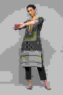 Charcoal LIVA Straight Printed Kurta image number 0