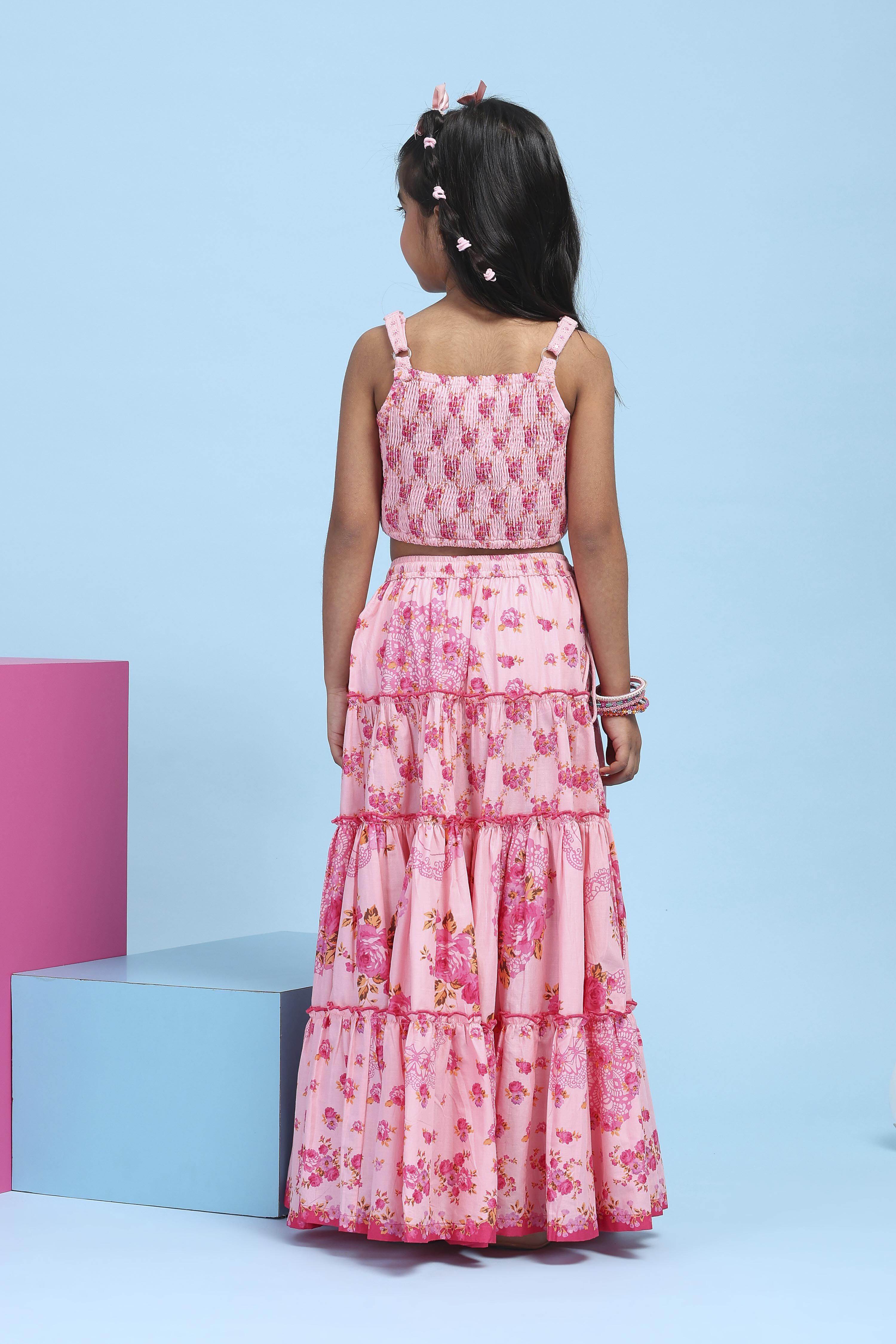 Pink Cotton Printed Tiered Lehenga Set image number 4