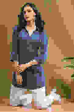 Blue Solid Shirt Collar Straight Short Kurti image number 0