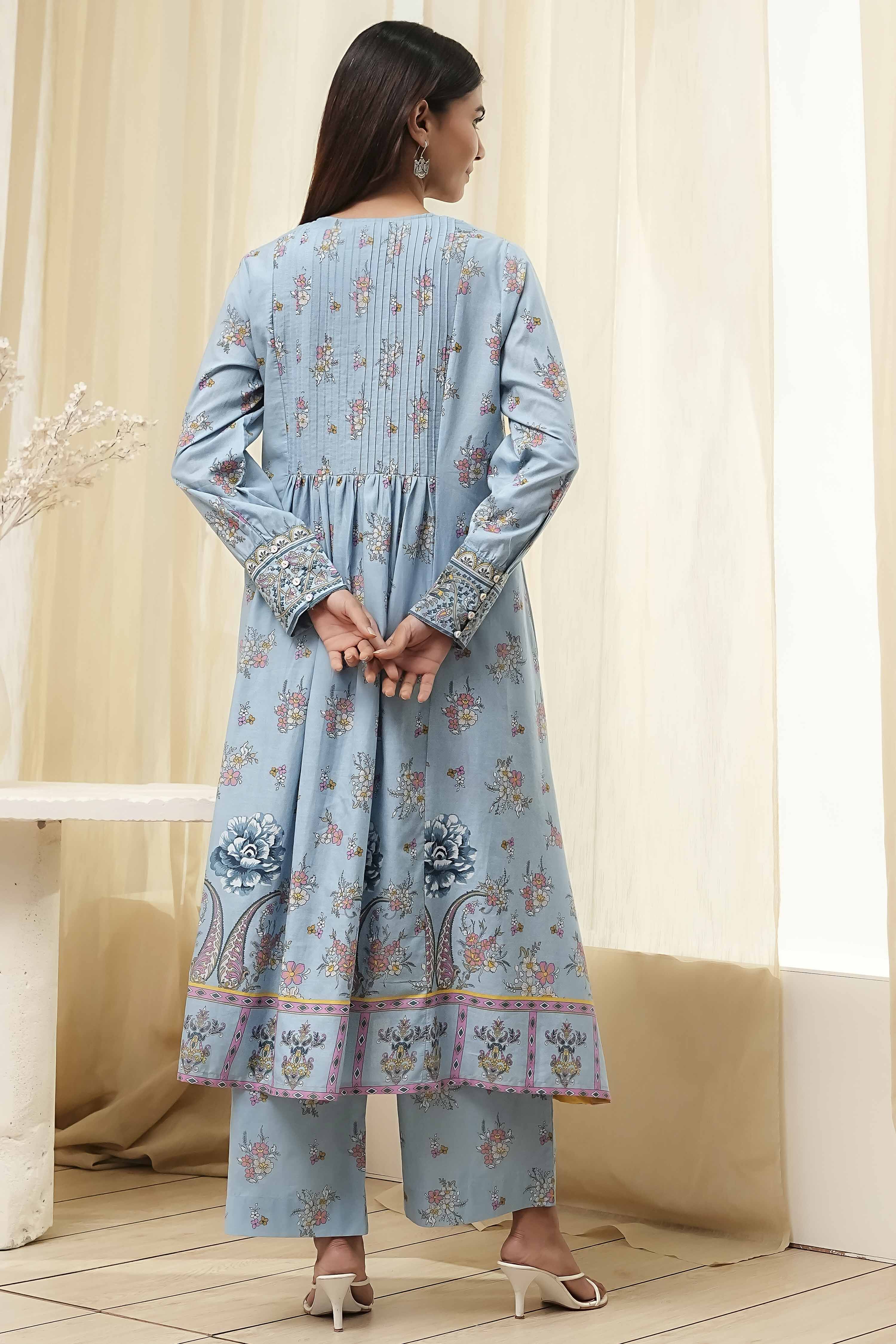 Dull Blue Cotton Flared Printed Kurta Set image number 4