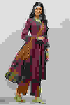 Maroon and Green Viscose Flared Kurta Palazzo Suit Set image number 0