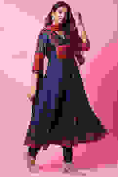 Blue Cotton Anarkali Kurta Churidar Suit Set image number 1