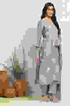 Blue Chanderi Machine Embroidered Unstitched Suit Set image number 6