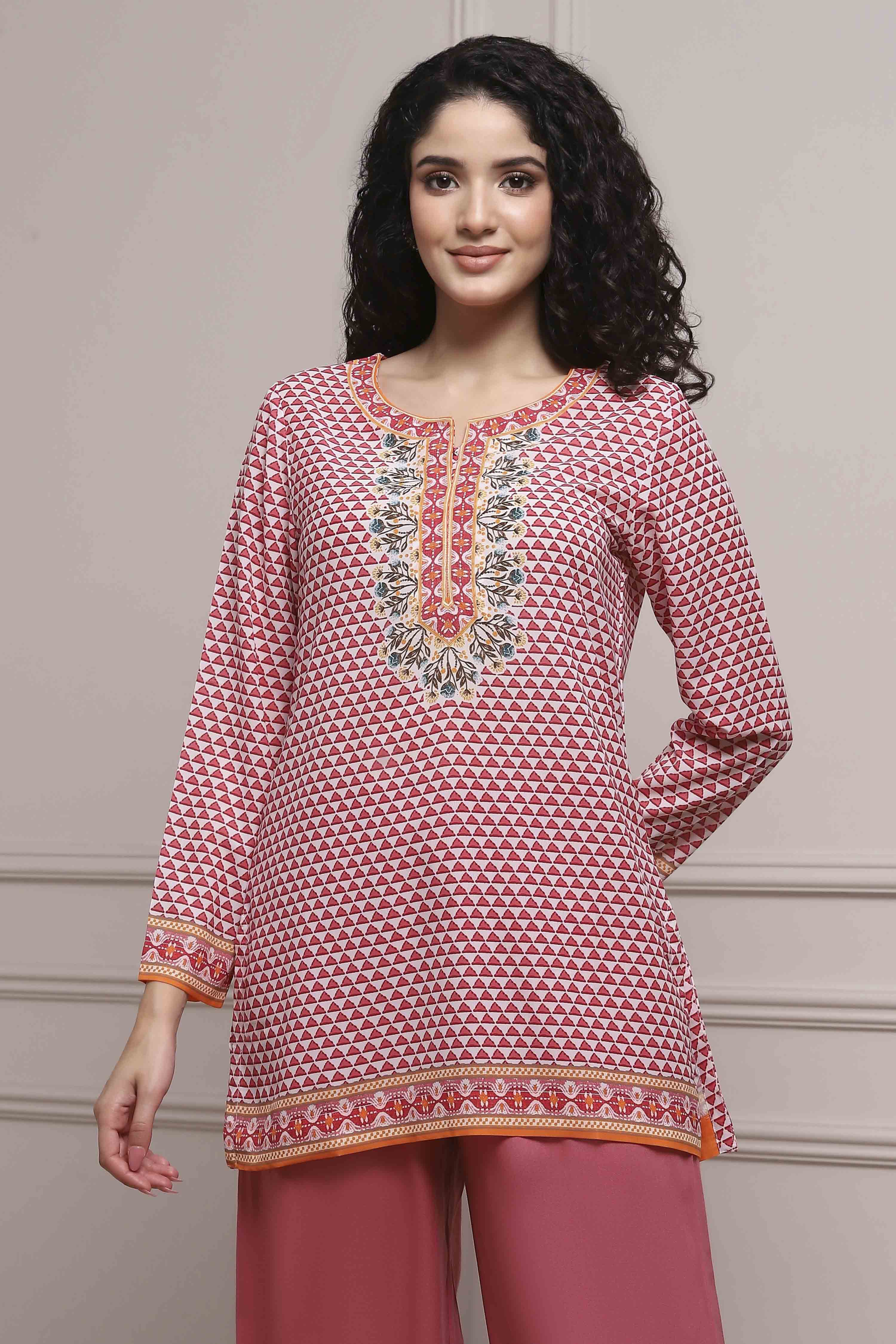 Red Art Silk Printed Straight Short Kurta image number 5