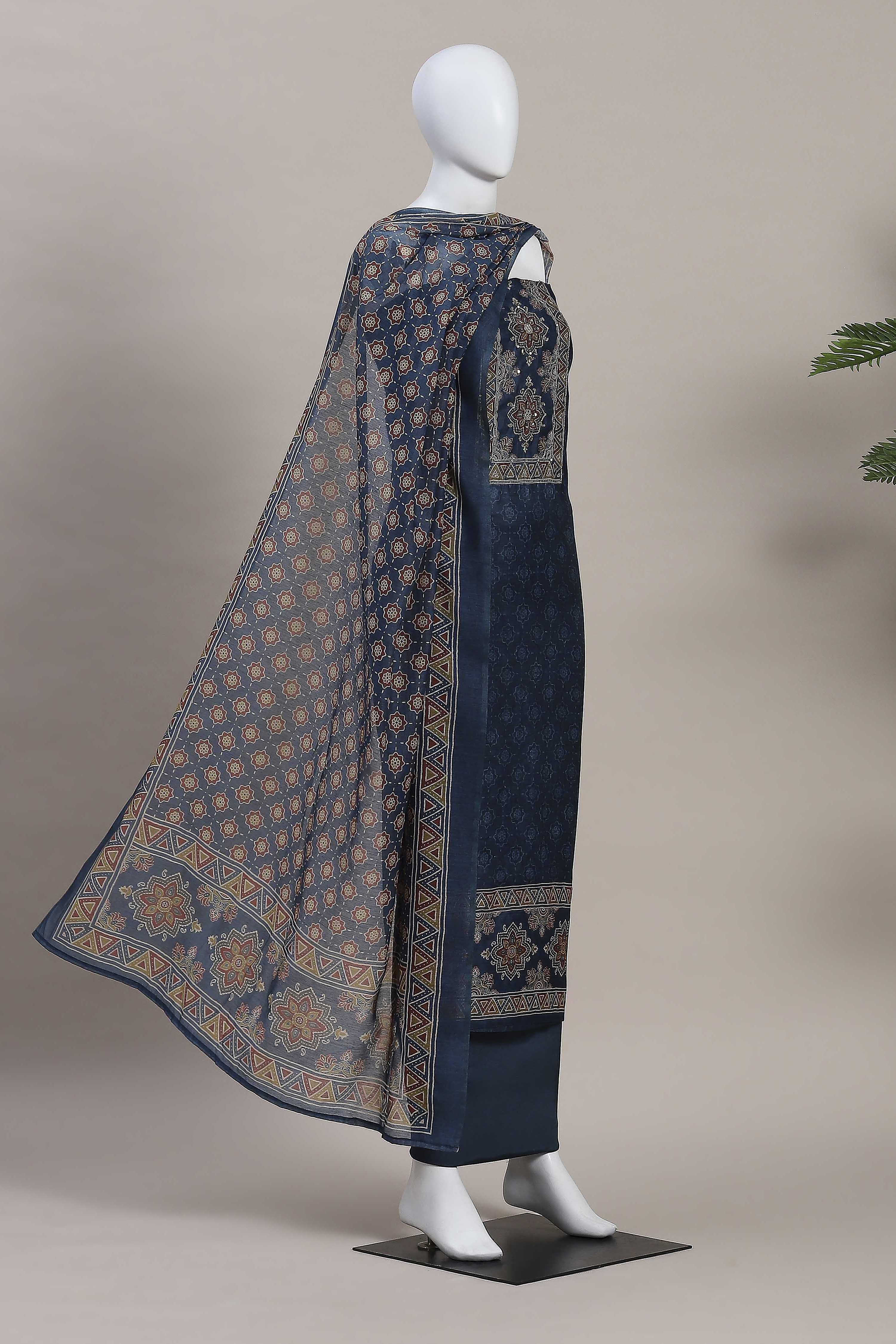 Grey Chanderi Rajasthani Print Unstitched Suit Set image number 4