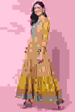 Mustard Cotton Flared Fusion Printed Dress image number 2