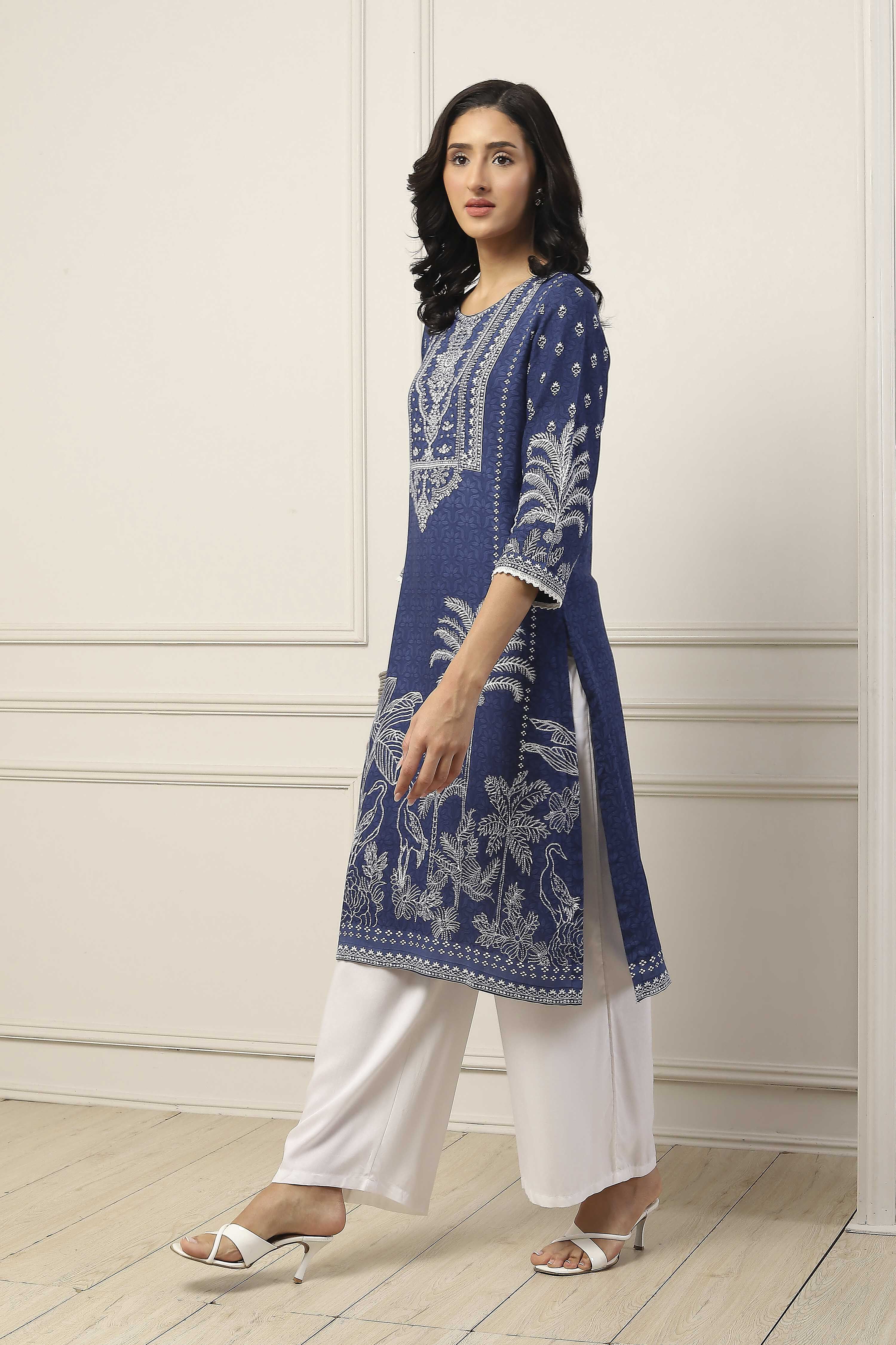 Blue Viscose Rayon Floral Printed Straight Kurta image number 2