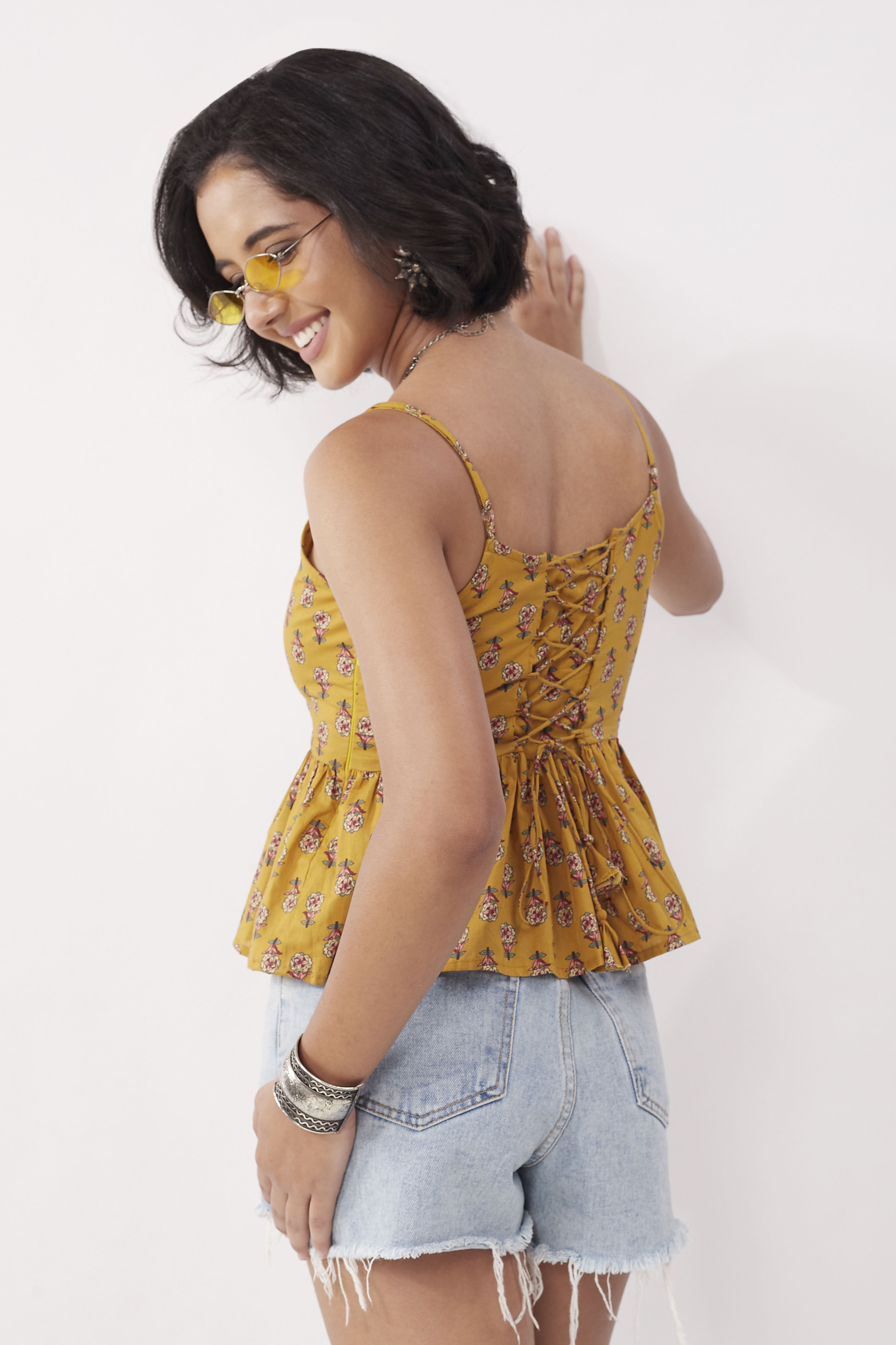 Mustard Cotton Floral Tie-Up Back Top image number 3