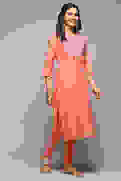 Orange Cotton Blend Flared Yarndyed Kurta image number 5