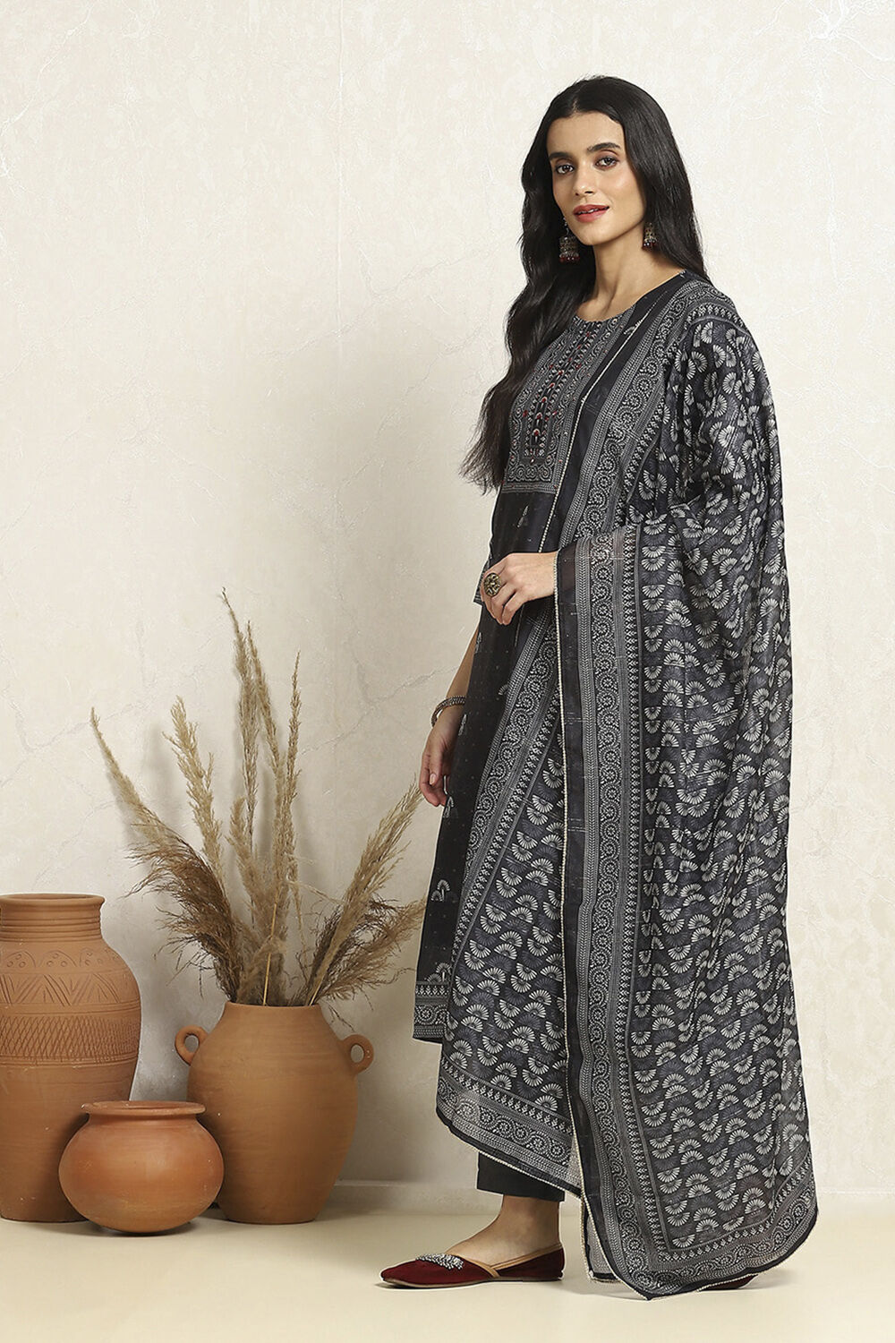 Charcoal Chanderi Floral Printed Unstitched Suit Set image number 4