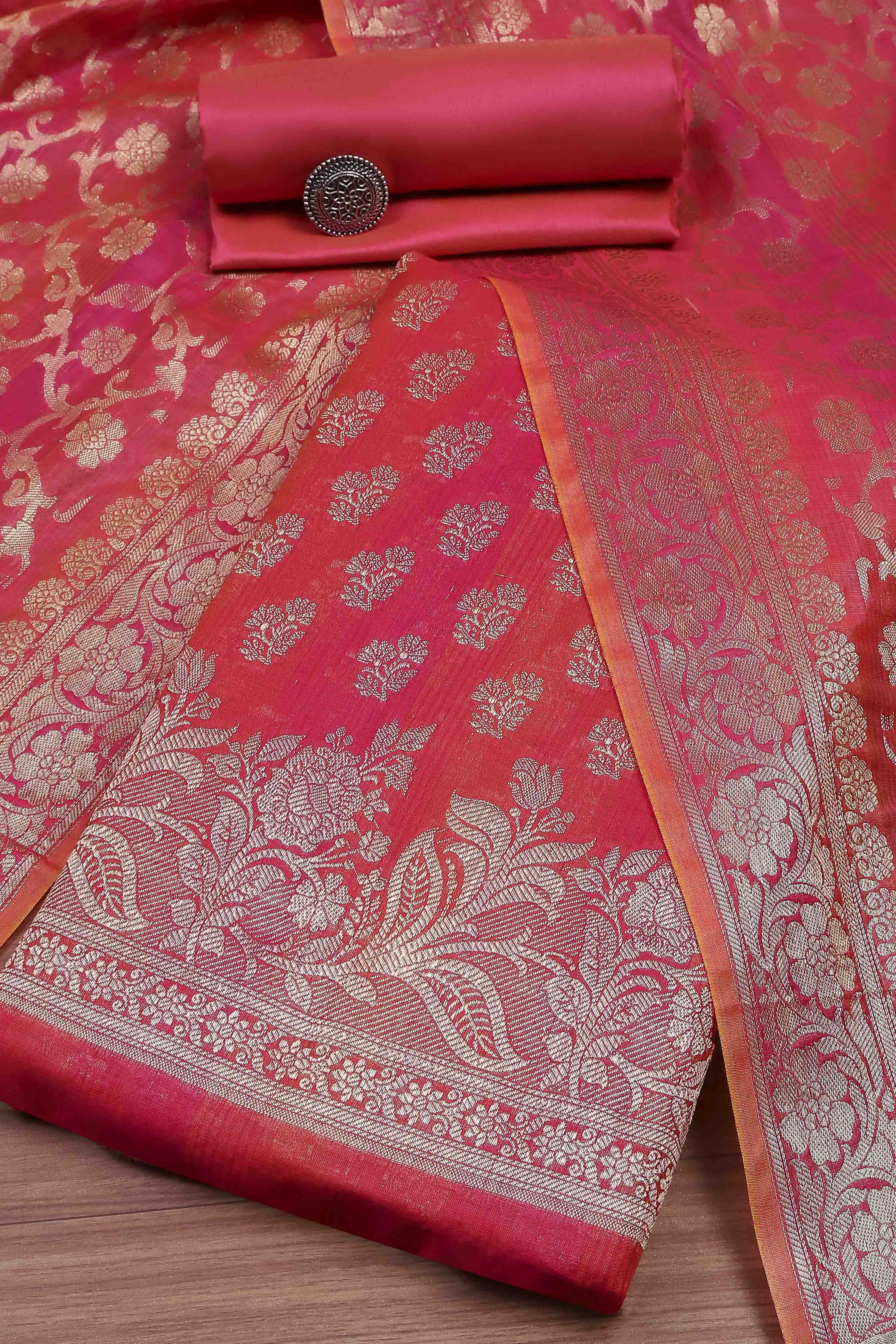 Rust Banarasi Chanderi Banarasi Print Unstitched Suit Set image number 0