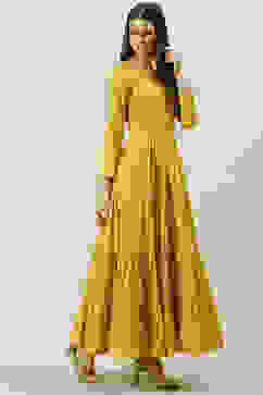Mustard Cotton Flared Printed Dress image number 3