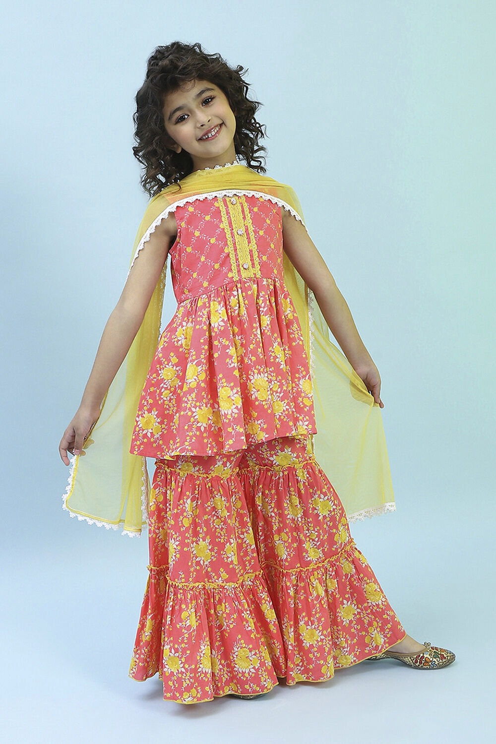 Pink Cotton Printed Gathered Suit Set image number 6