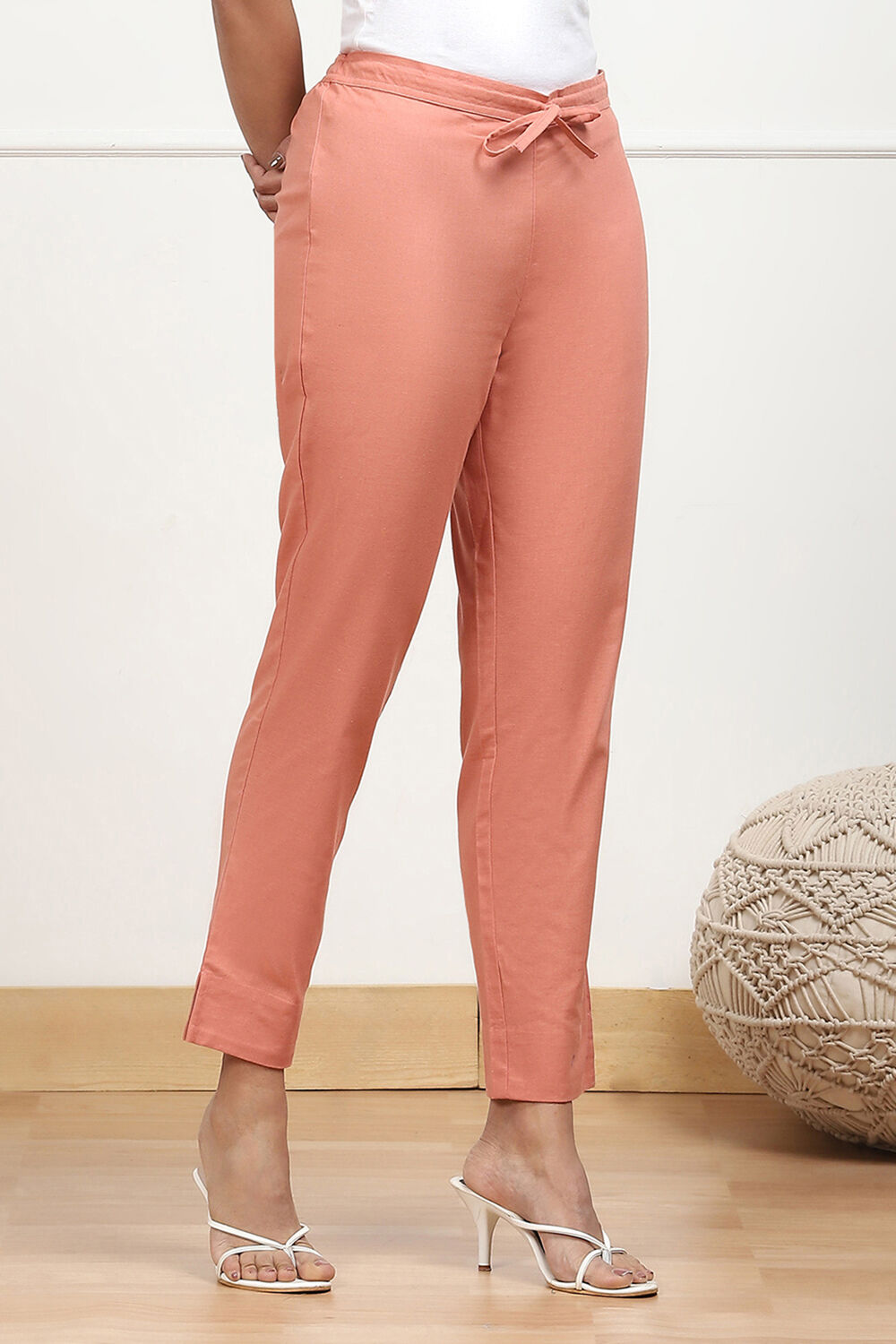 Rust Cotton Solid Regular Pants image number 3