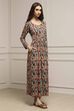 Beige & Brown Cotton Blend Flared Printed Dress image number 4