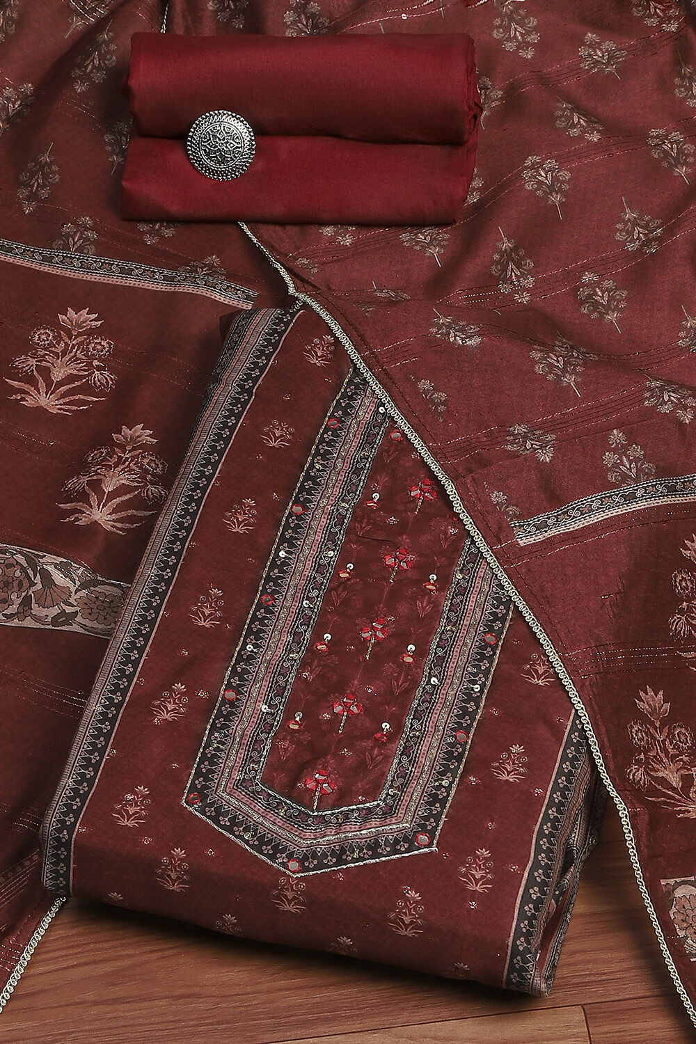 Maroon Chanderi Floral Printed Festive Unstitched Suit Set image number 0