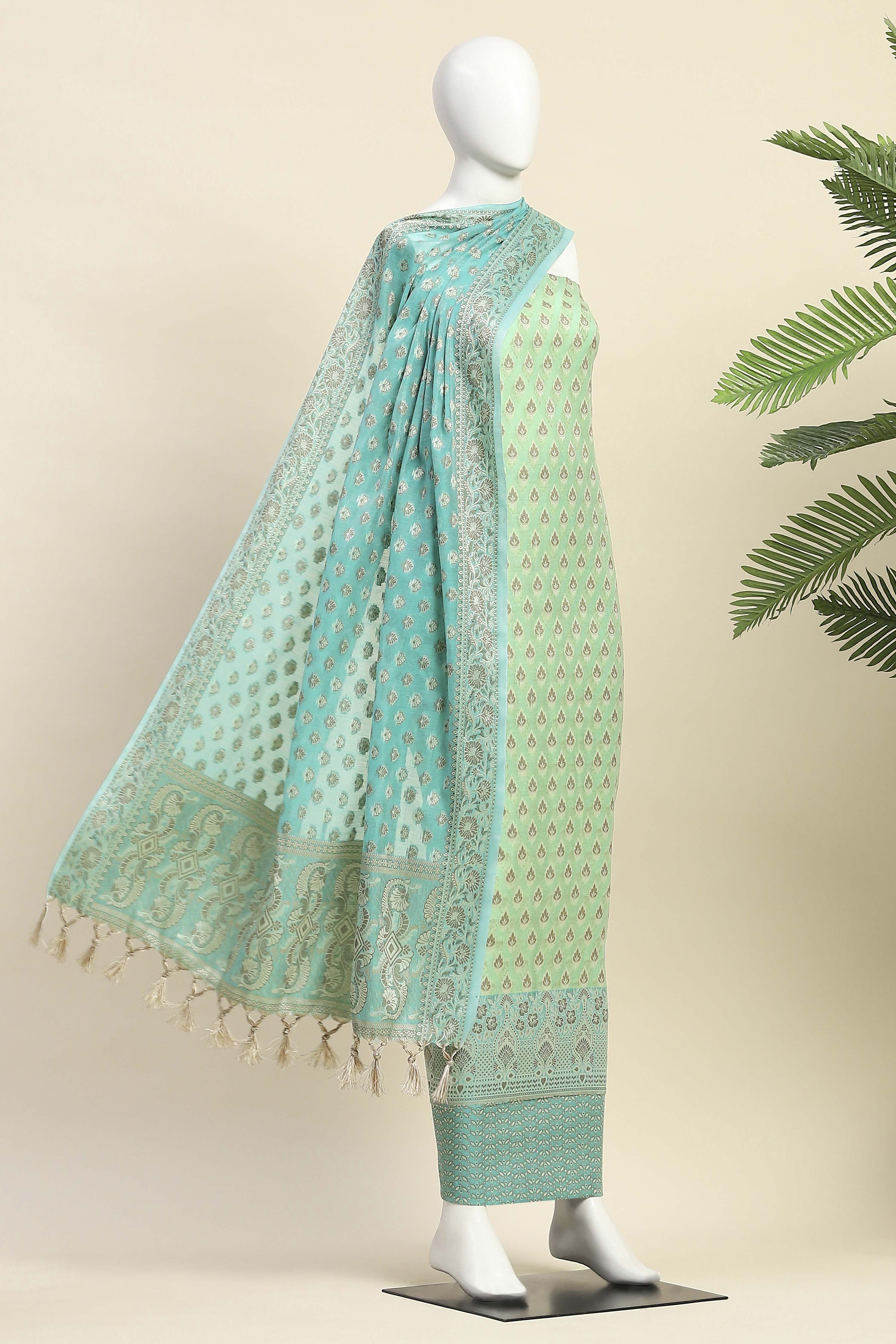 Mustard Poly Cotton Banarasi Unstitched Suit Set image number 4