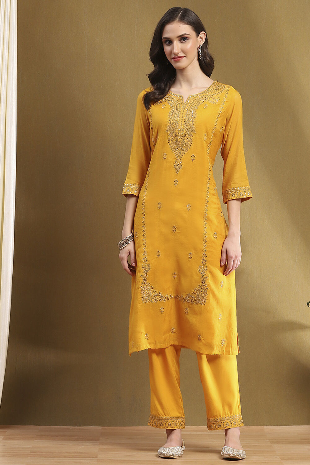 Yellow Embroidered Festive Straight Suit Set image number 6