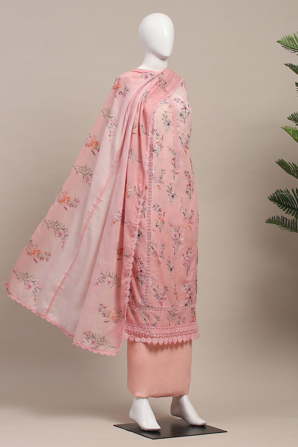 Pink Cotton Floral Printed Unstitched Suit Set image number 4