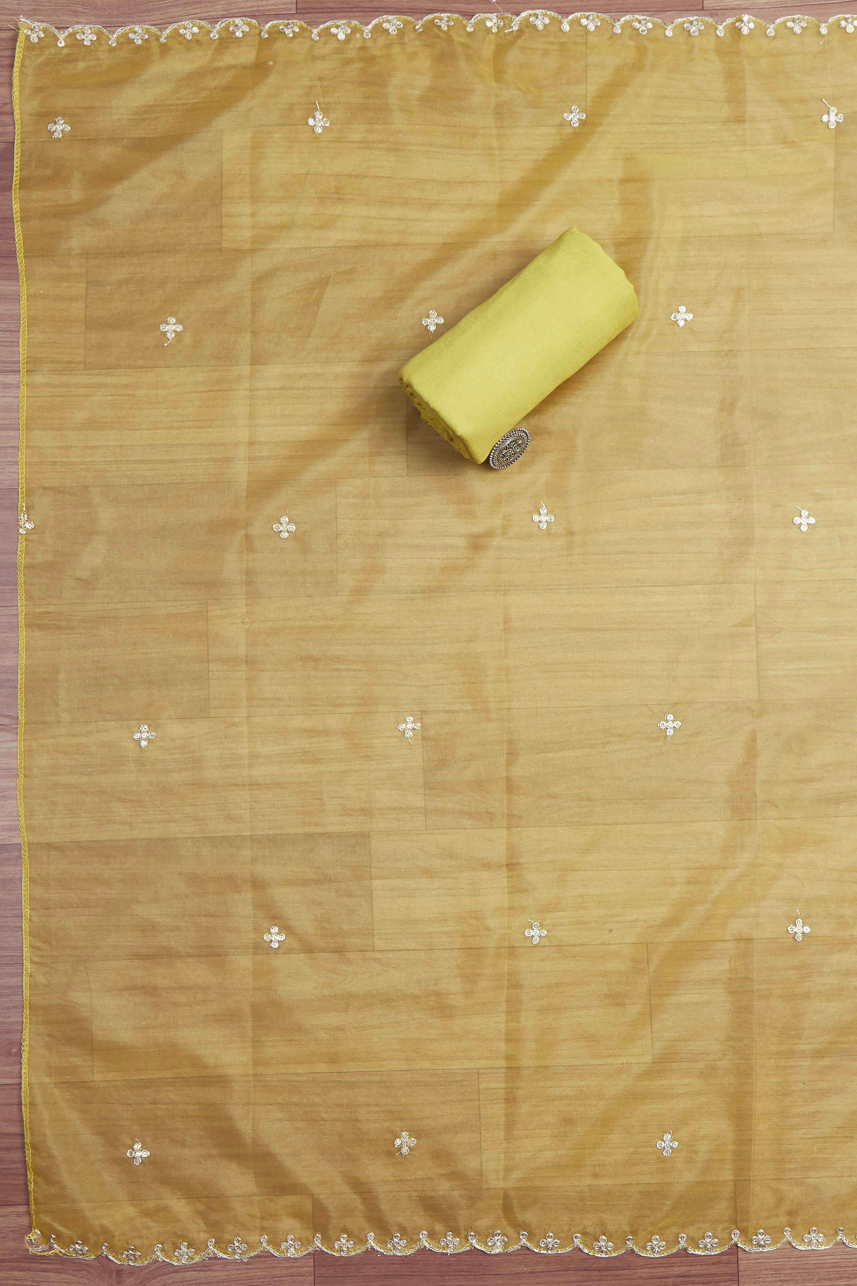 Green Organza Rajasthani Print Unstitched Suit Set image number 3