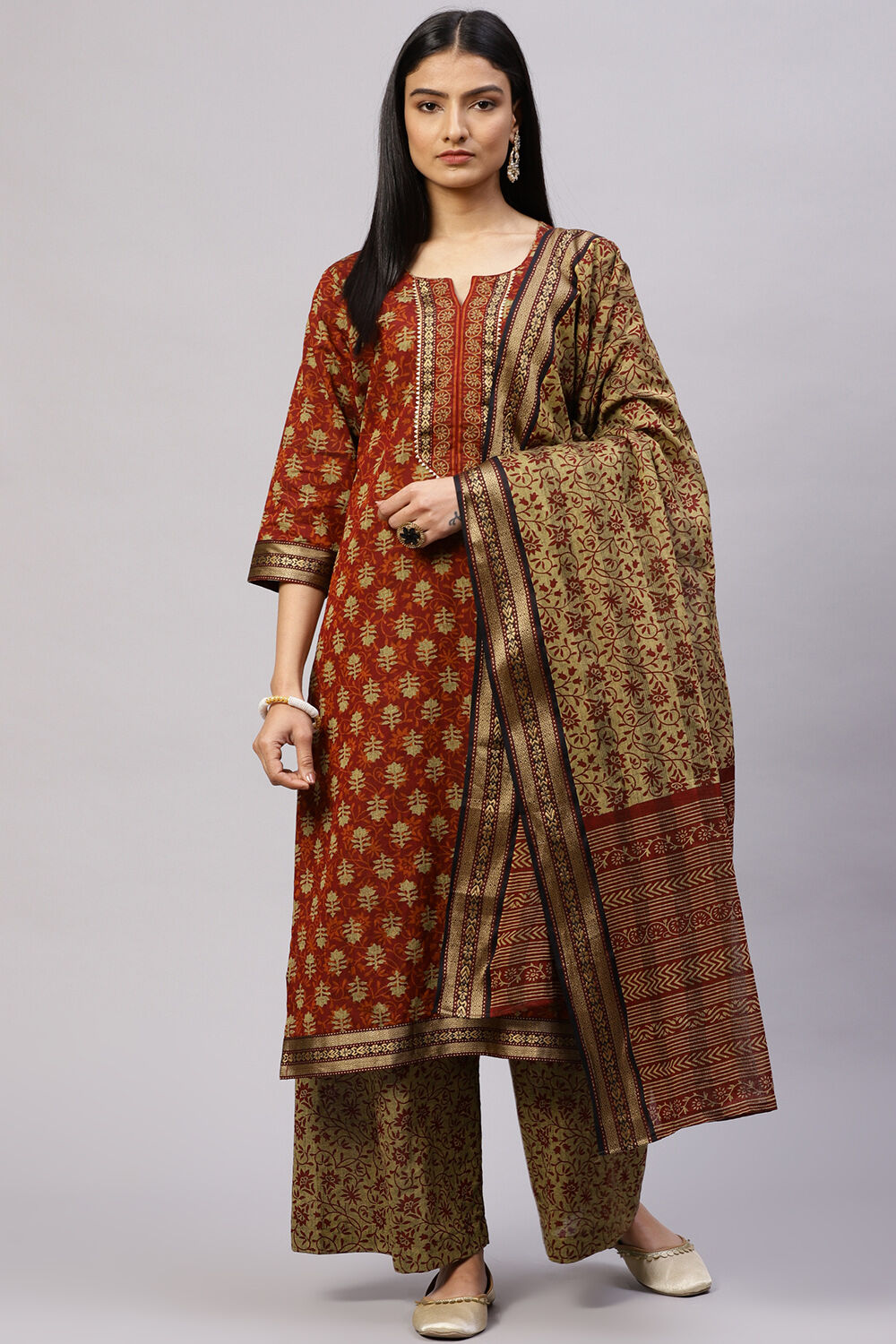 Red Cotton Woven Unstitched Suit Set image number 0