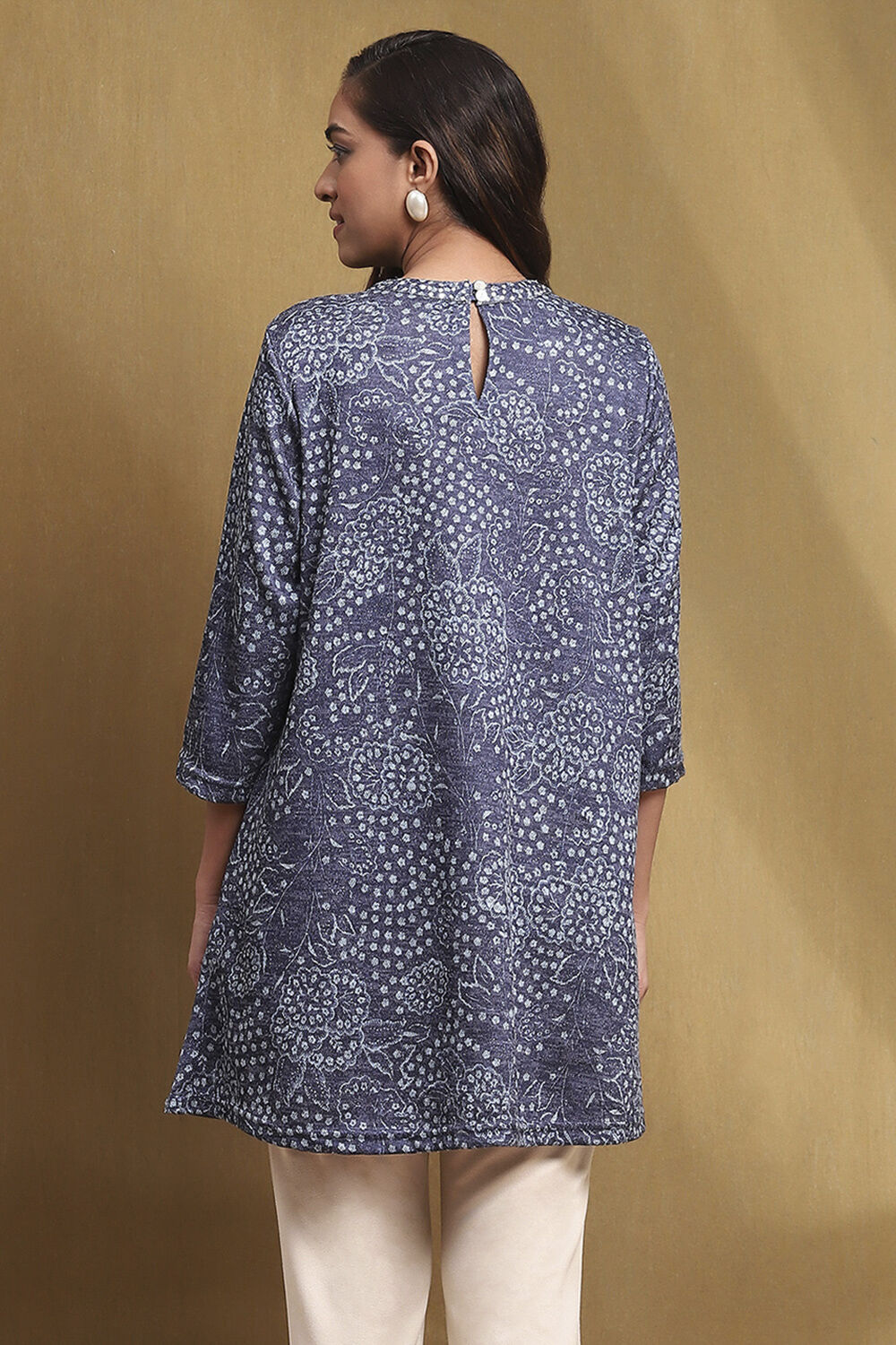 Ink Blue Knitted Block-Print Winter wear Short Kurta image number 3