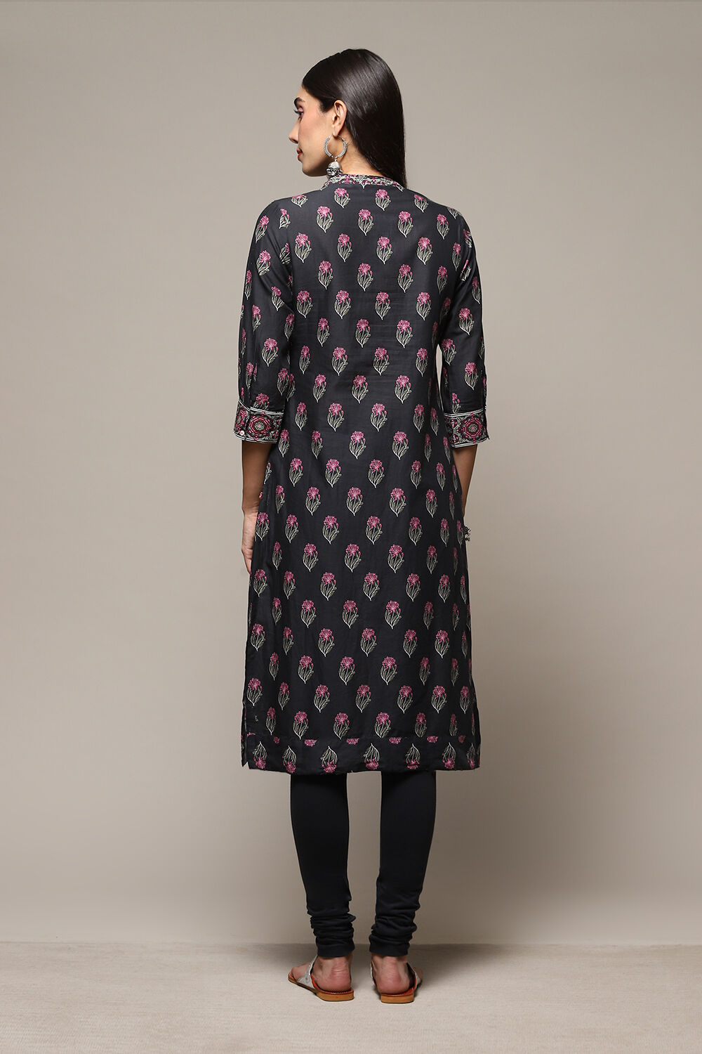 Black Cotton Straight Kurta Churidar Suit Set image number 4