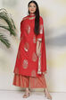 Red Straight Cotton Straight Kurta Palazzo Suit Set