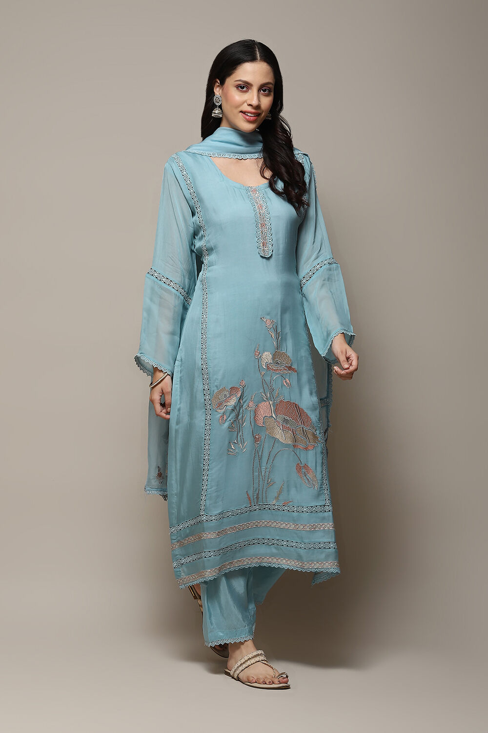 Blue Organza Digital Print Unstitched Suit Set image number 7