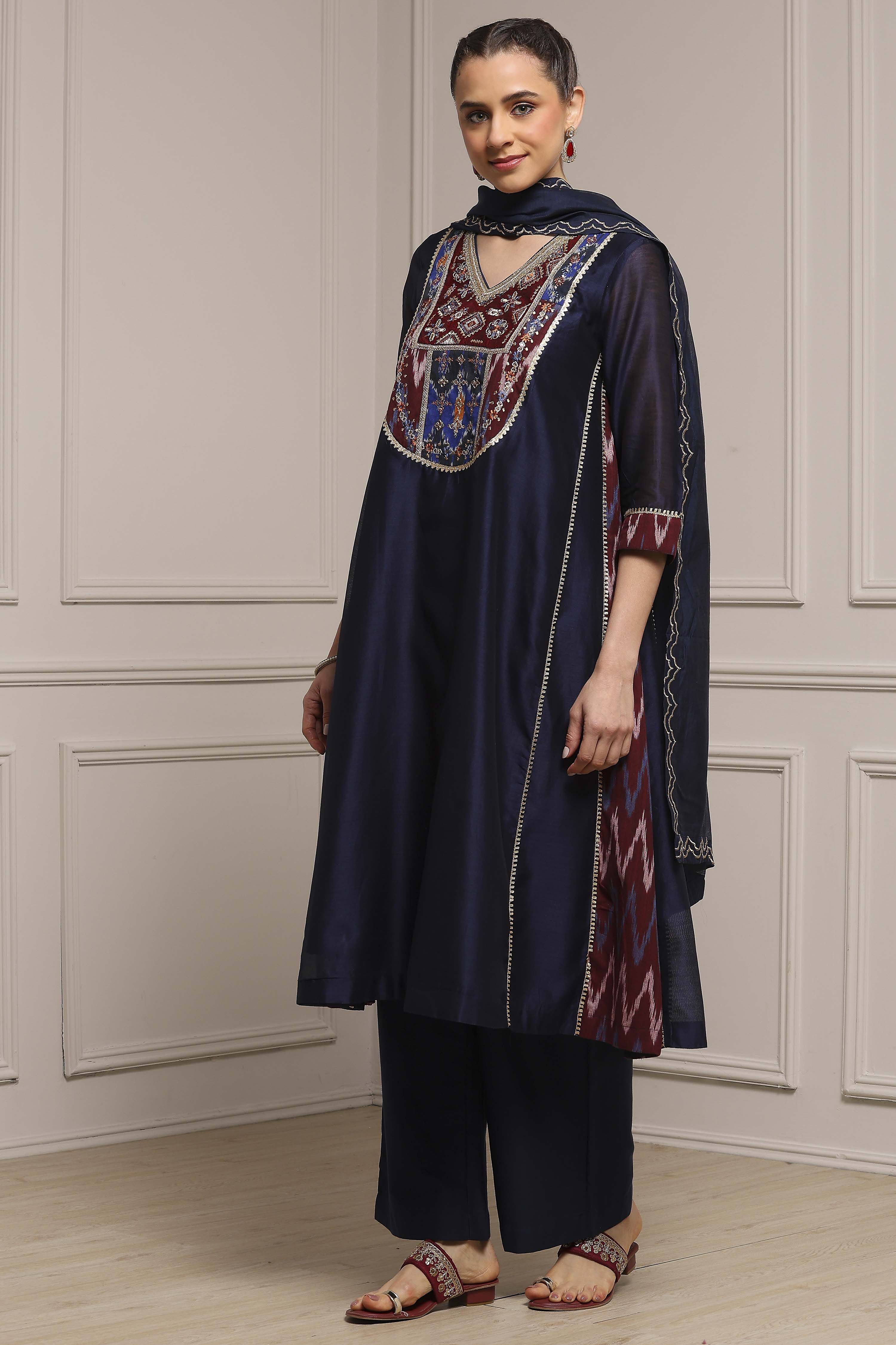 Blue Silk Chanderi Printed Embroidered A-Line Kurta Set image number 3