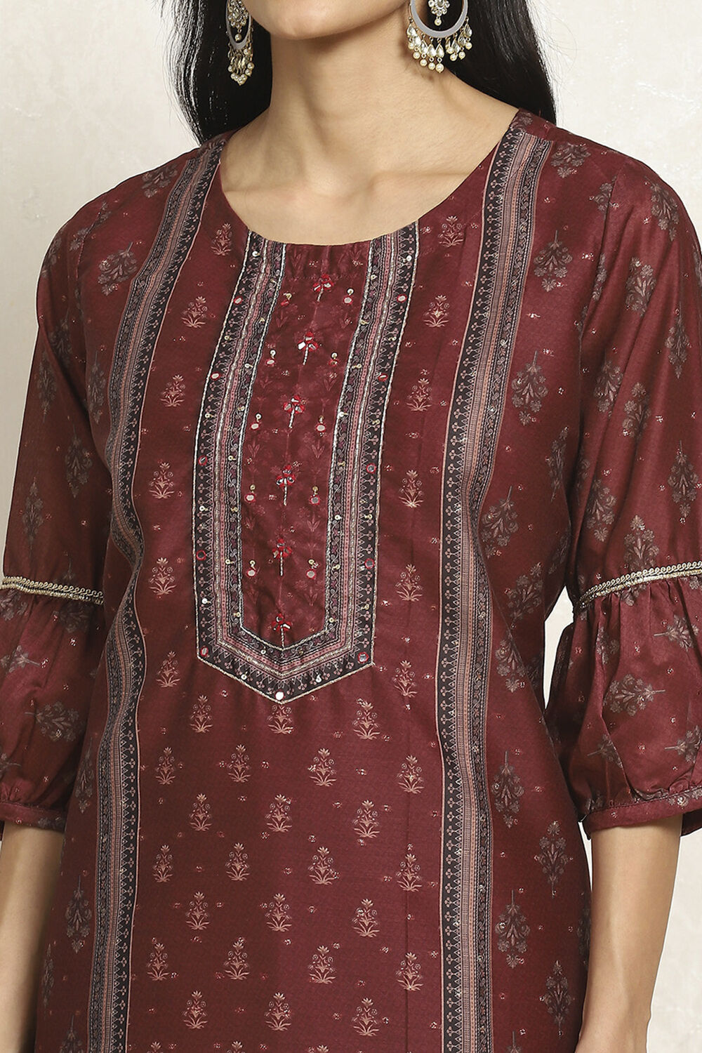 Maroon Chanderi Floral Printed Festive Unstitched Suit Set image number 2