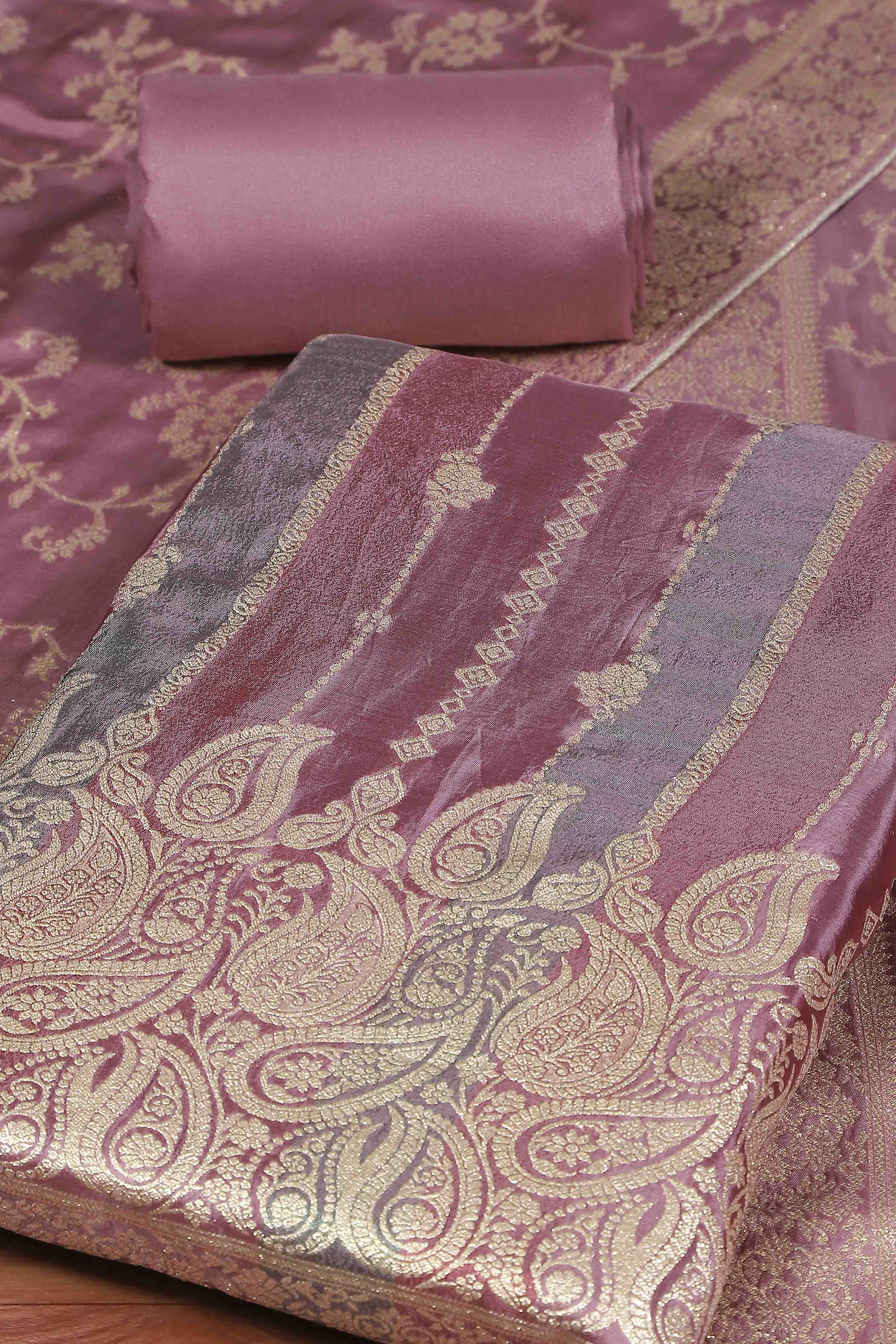 Pink Cotton Printed Embroidered Unstitched Suit Set image number 1