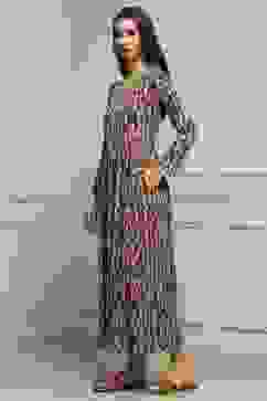 Beige & Brown Cotton Blend Flared Printed Dress image number 2