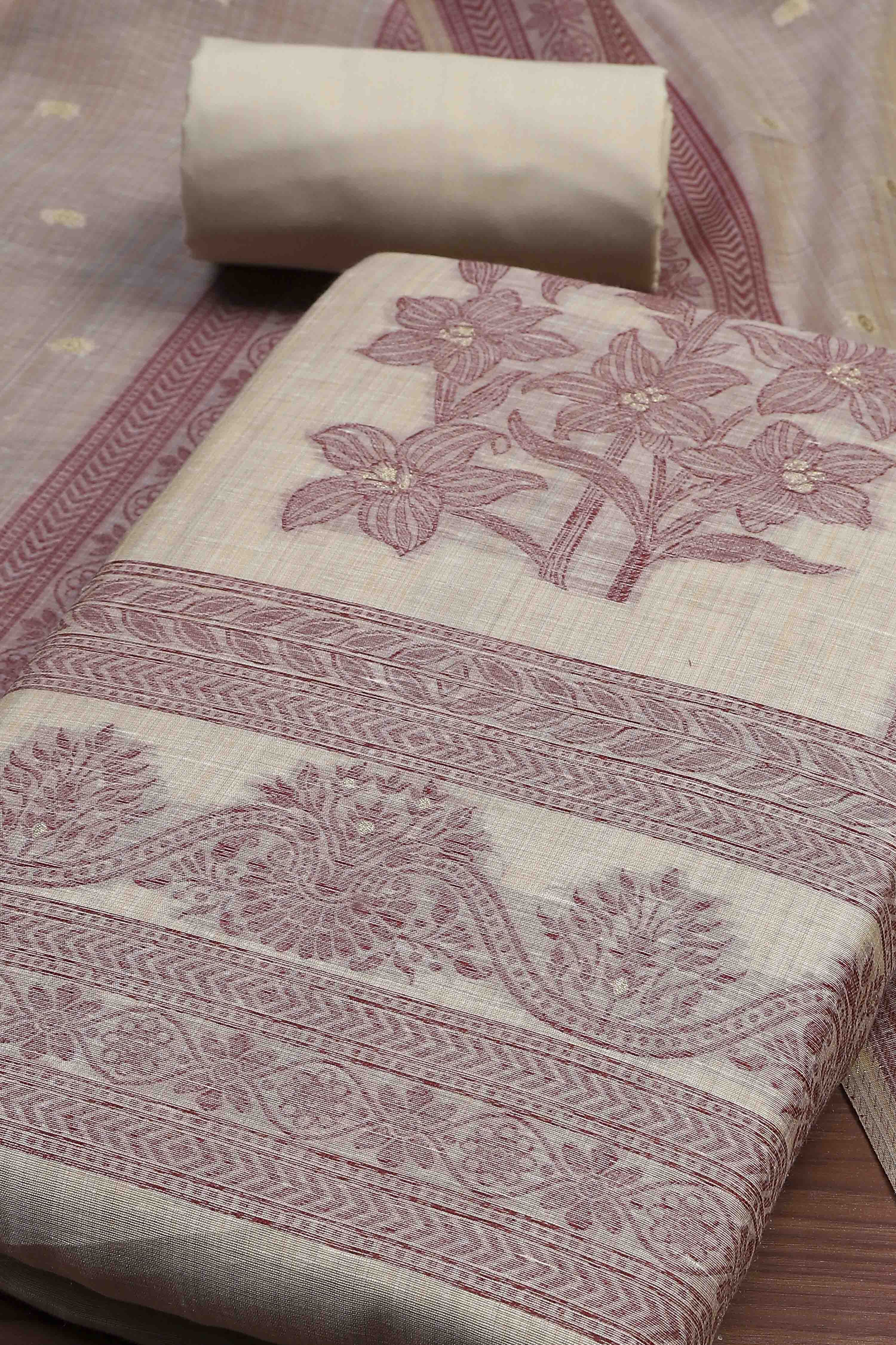 Pink Cotton Royal-Mughal Booti Print Unstitched Suit Set image number 1