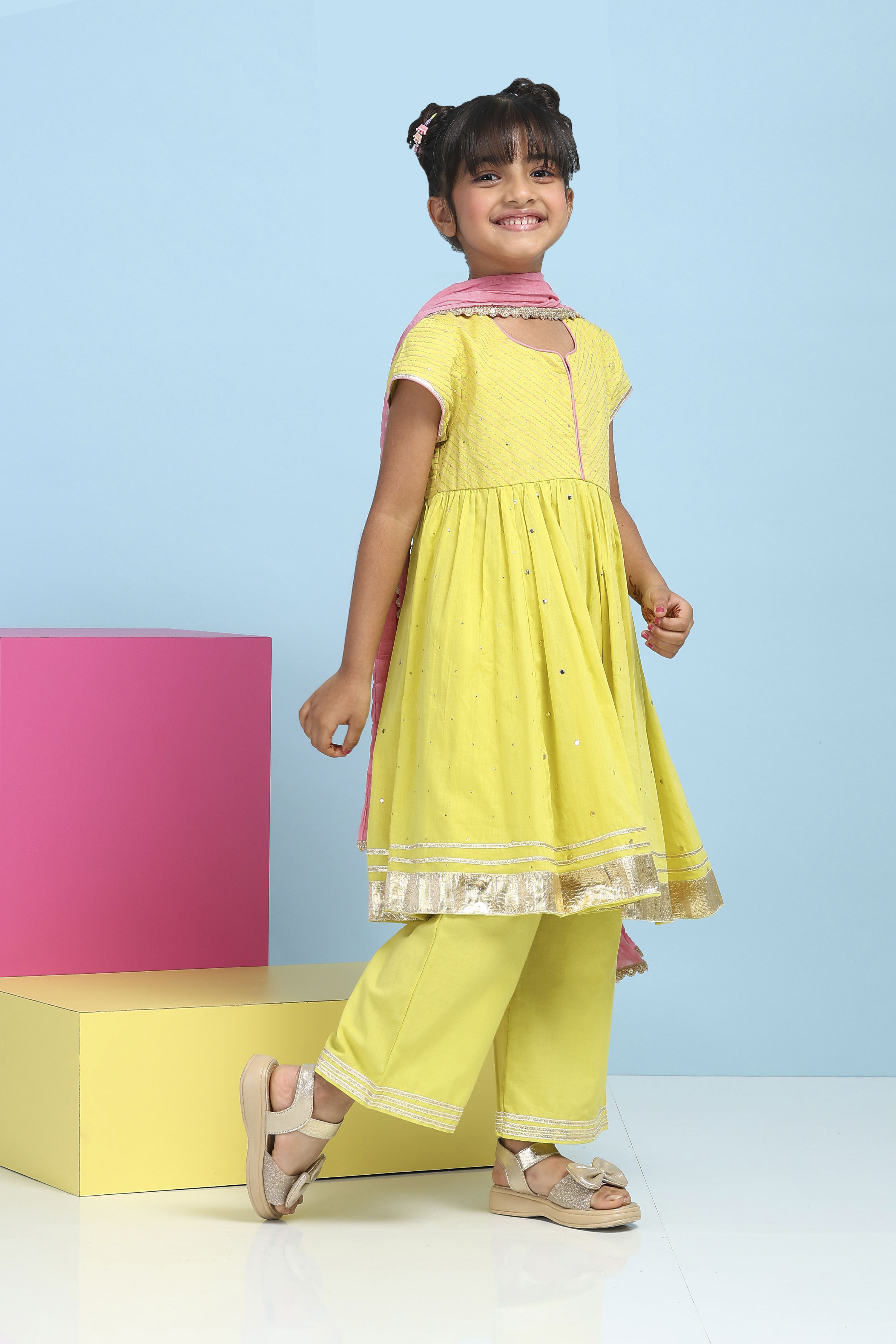 Lime Green Cotton Embroidered Anarkali Suit Set image number 5