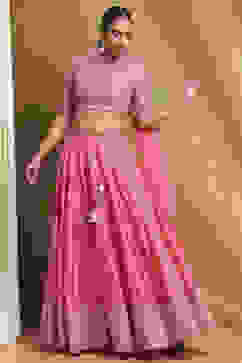 Coral Cotton Blend Embroidered Lehenga Set image number 3