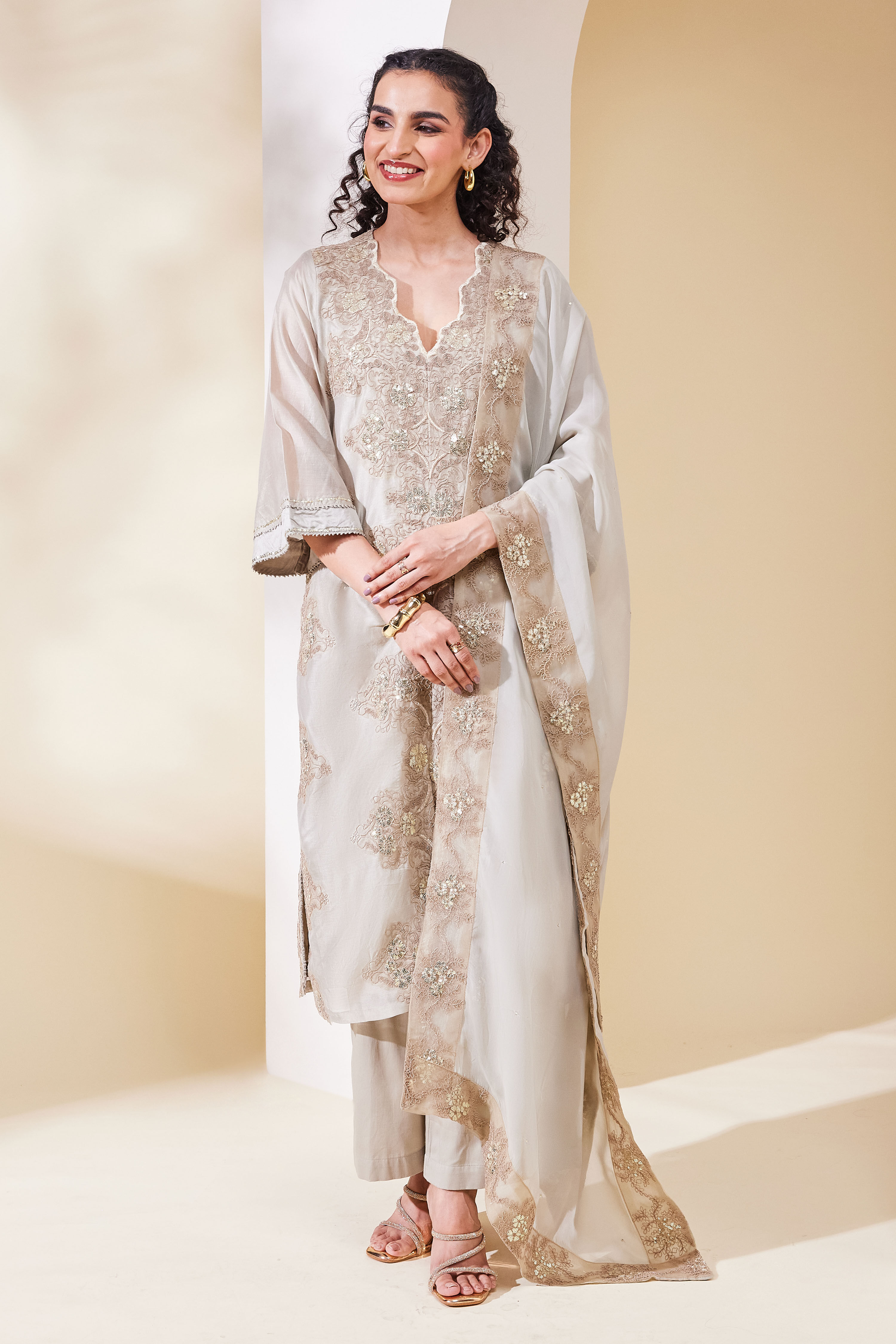 Beige Cotton Blend Straight Embroidered Suit Set image number 6
