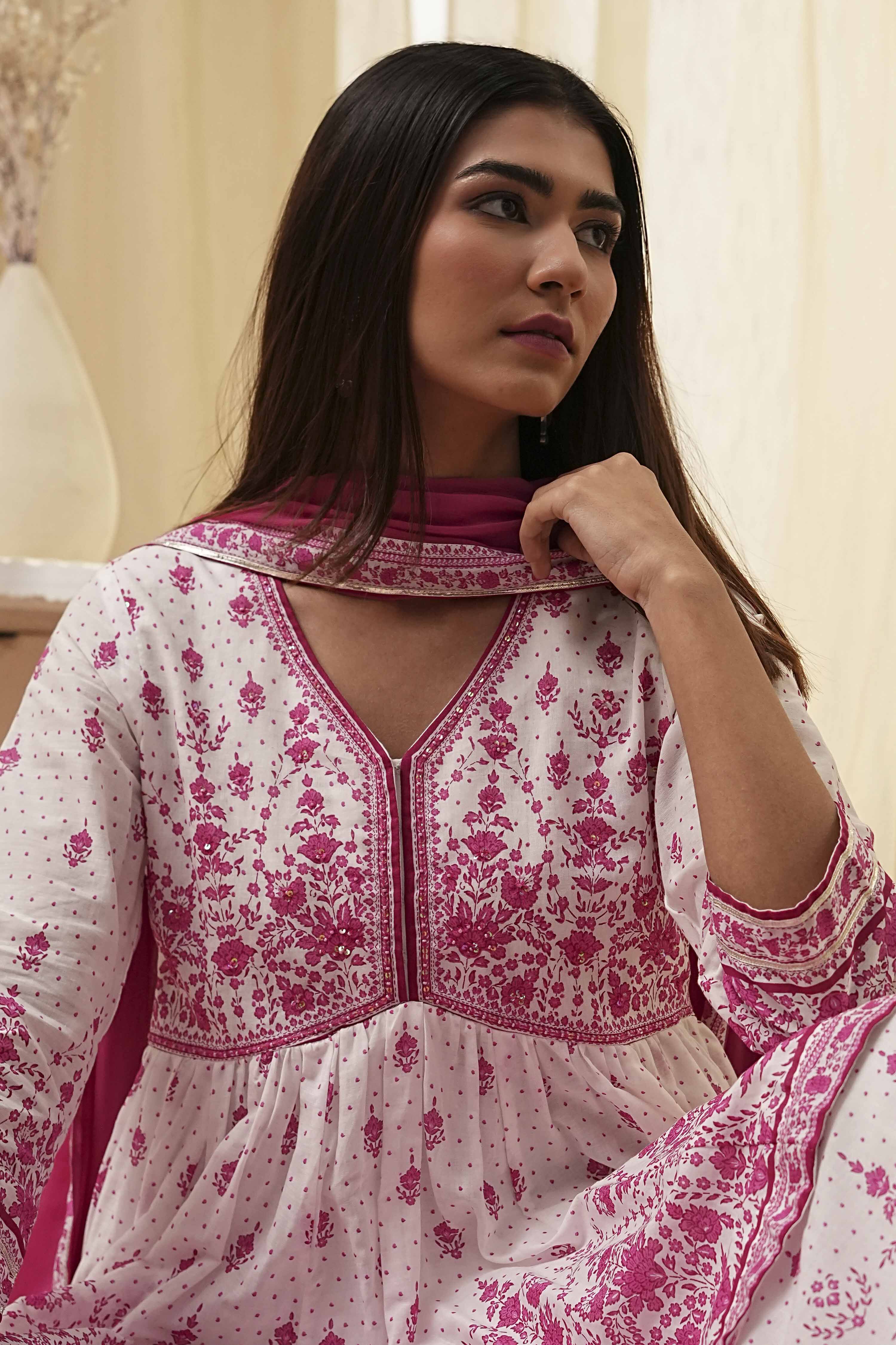 Off-White and Pink Cotton Peplum Suit Set image number 7