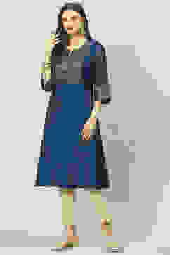 Navy Poly Metallic A-Line Yarndyed Kurta image number 0
