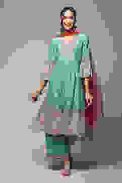 Sea Green LIVA Gathered Kurta Palazzo Suit Set image number 7