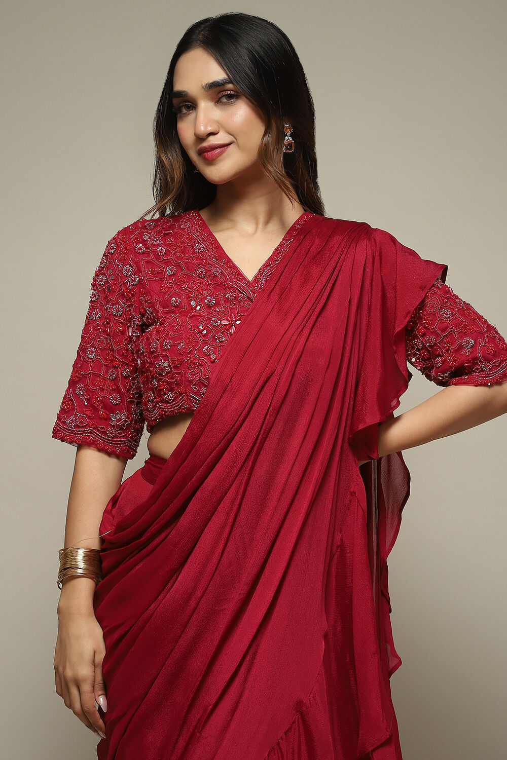 Dusty Pink Pre-Draped Nylon Saree With A Stitched Blouse image number 1