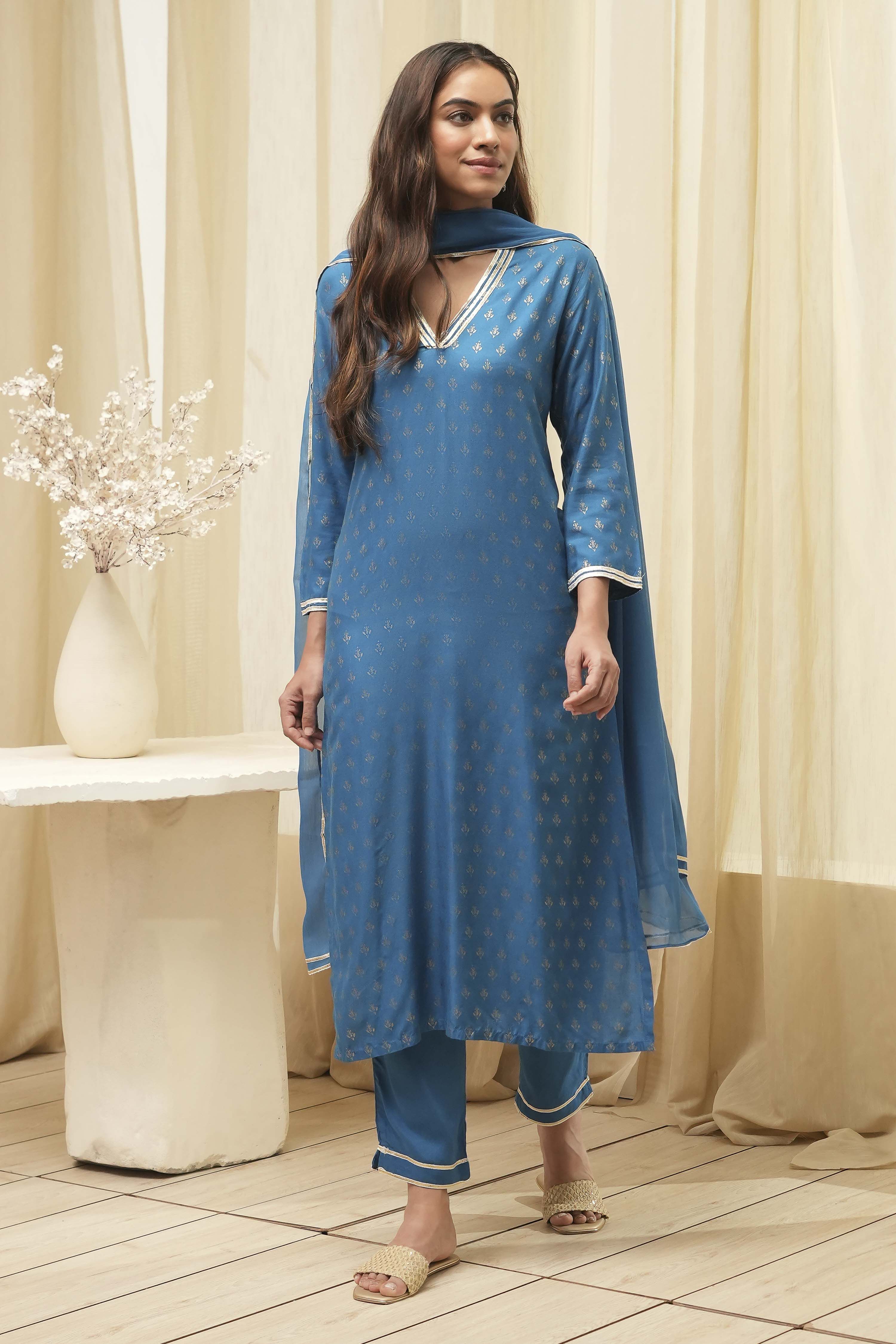 Blue Rayon Straight Kurta Pant Suit Set image number 6