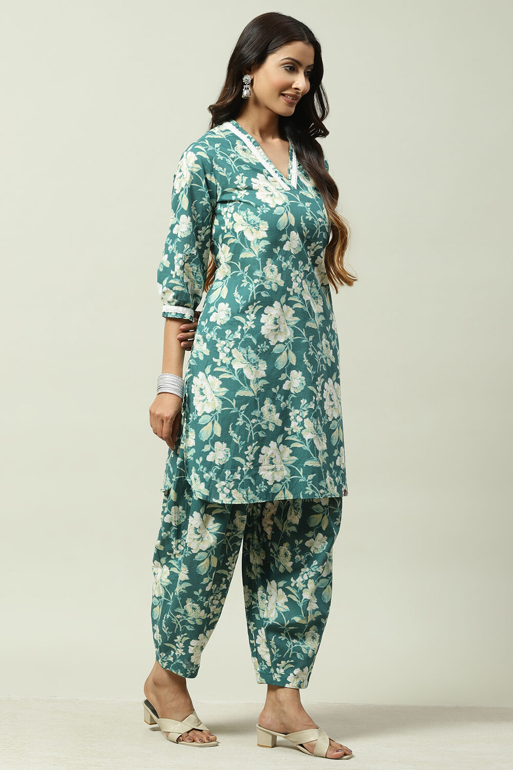 Teal Cotton Straight Kurta Set image number 6