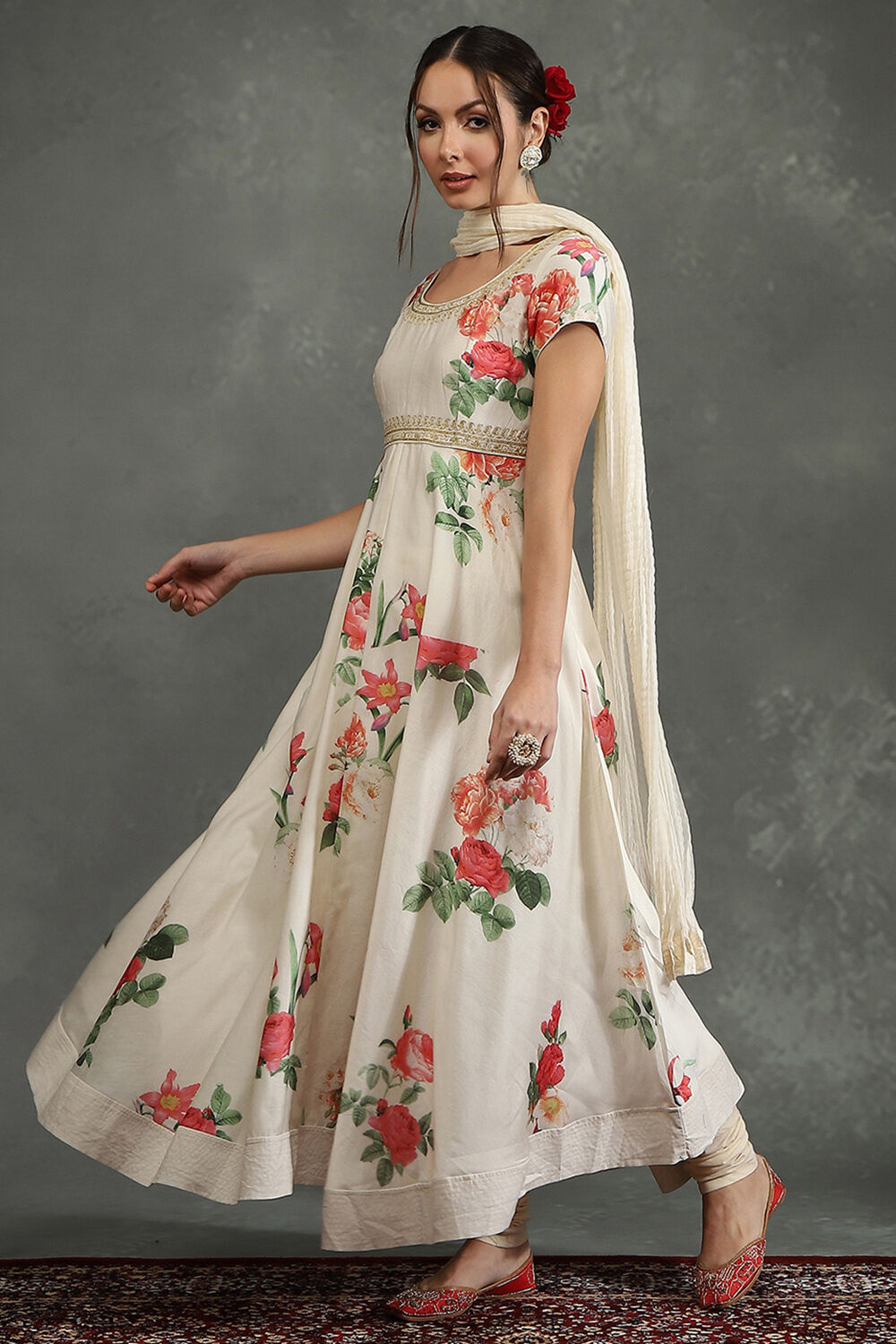 Cream-Colored Silk Chanderi Floral Printed Anarkali Suit Set image number 3