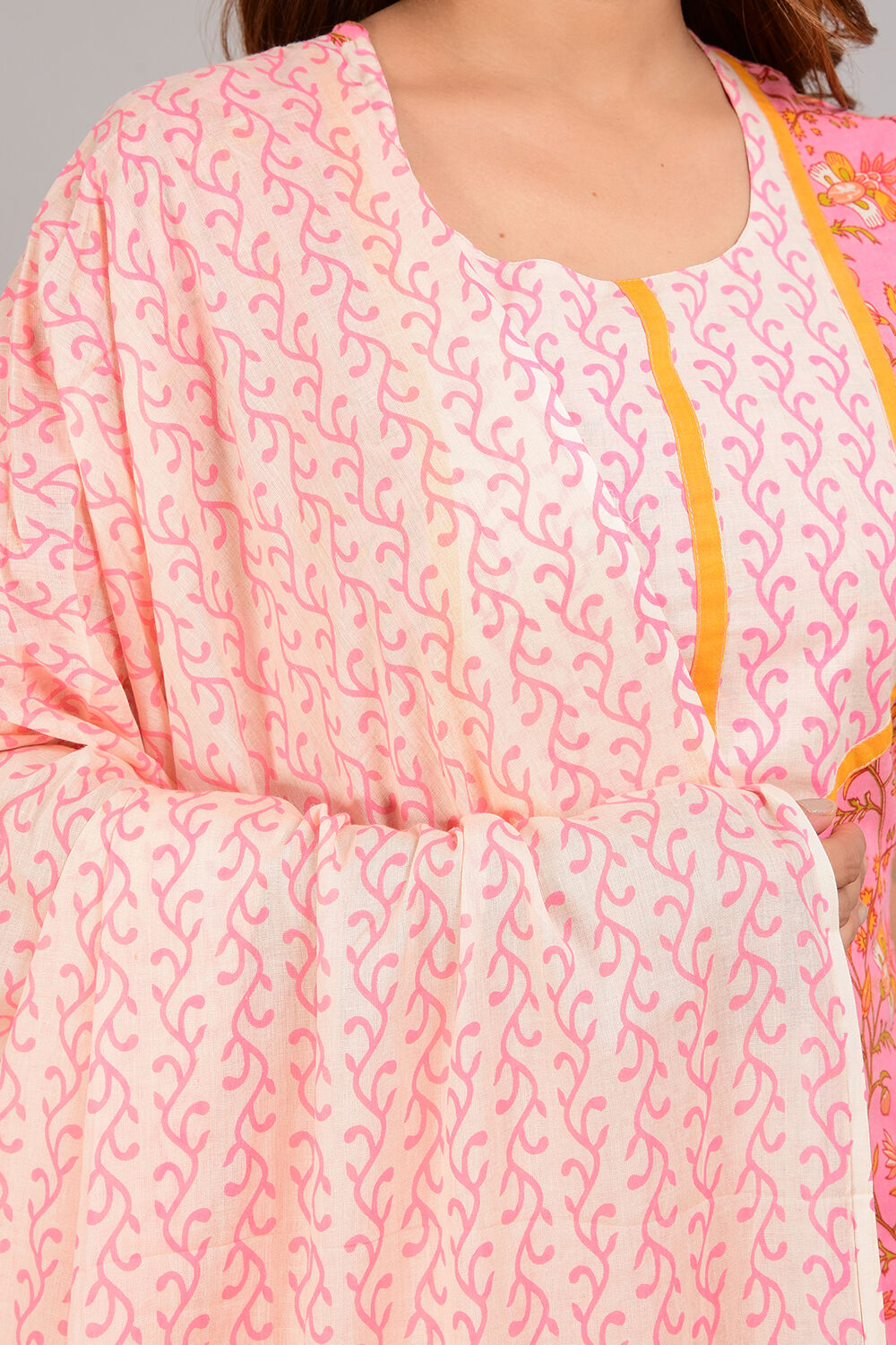 Pink Cotton Screen Print Unstitched Suit Set image number 1